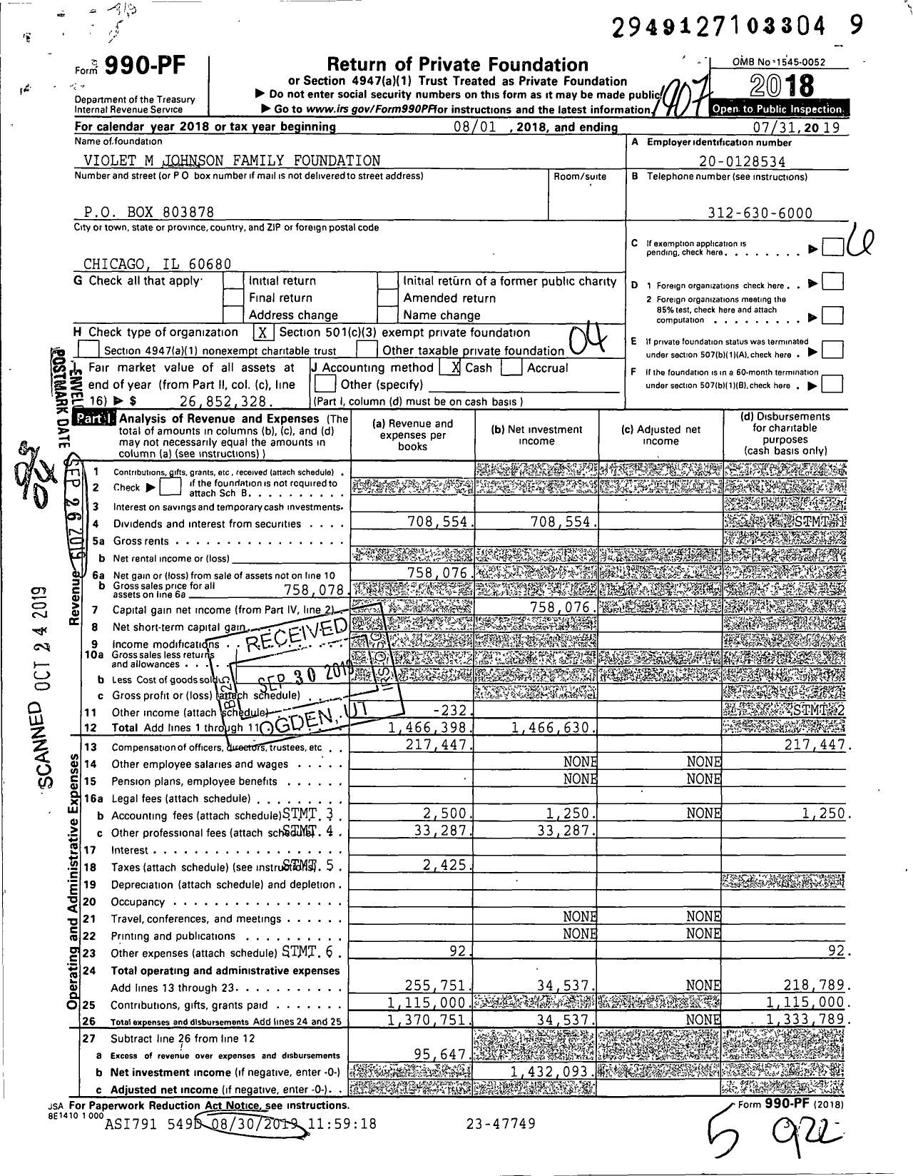 Image of first page of 2018 Form 990PF for Violet M Johnson Family Foundation