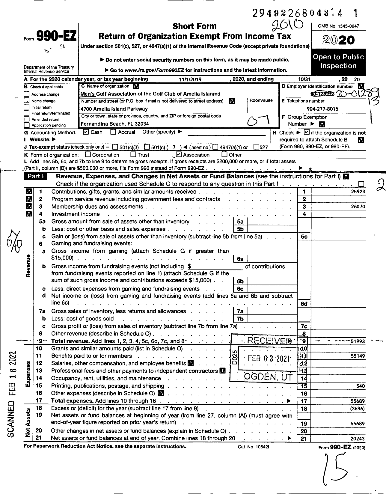 Image of first page of 2019 Form 990EO for Mens Golf Association of the Golf Club of Amelia Island