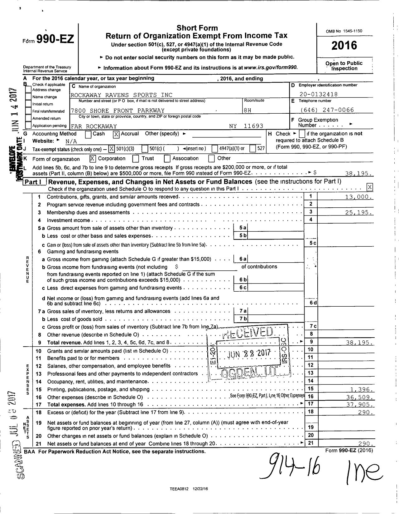 Image of first page of 2016 Form 990EZ for Rockaway Ravens Sports