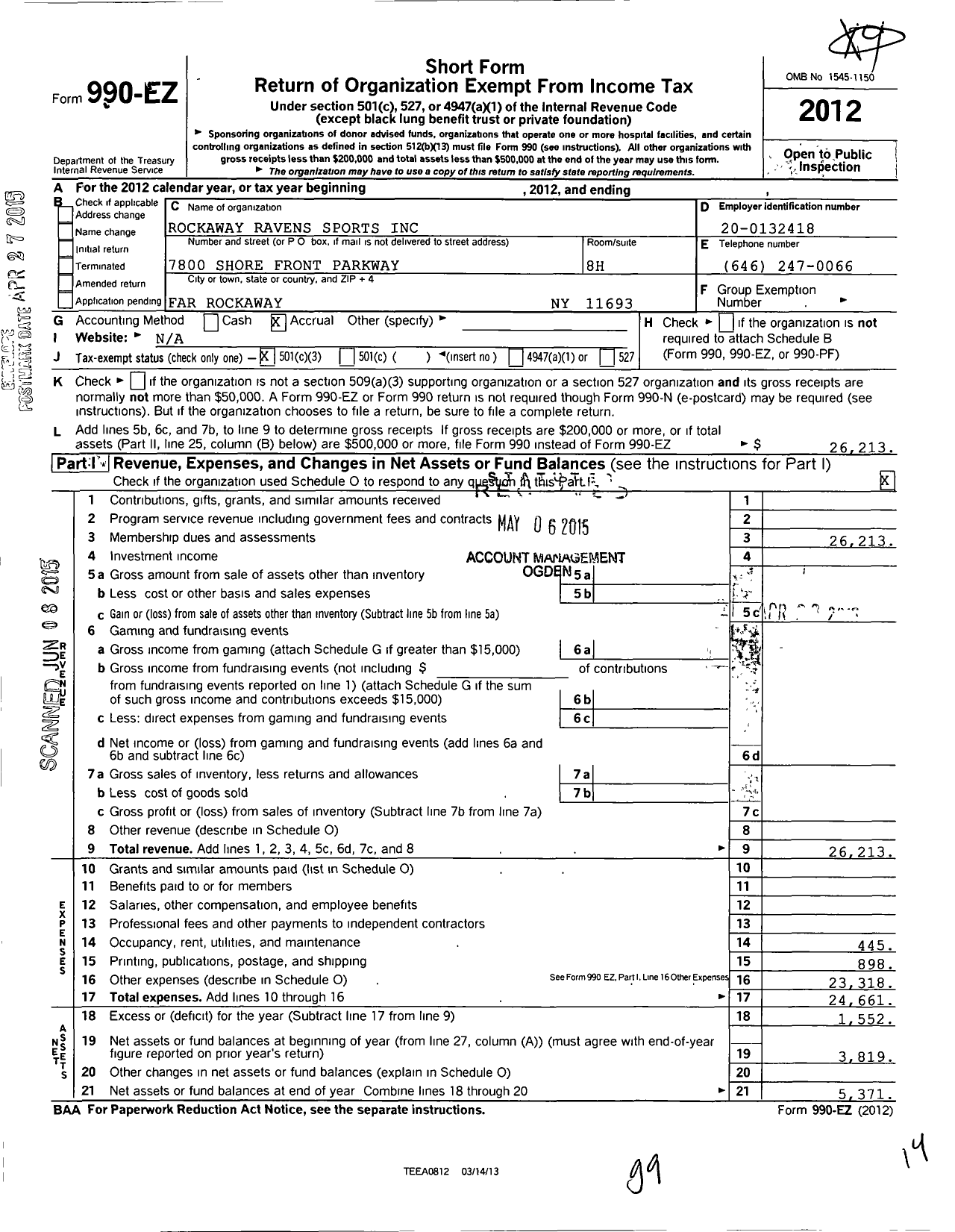 Image of first page of 2012 Form 990EZ for Rockaway Ravens Sports