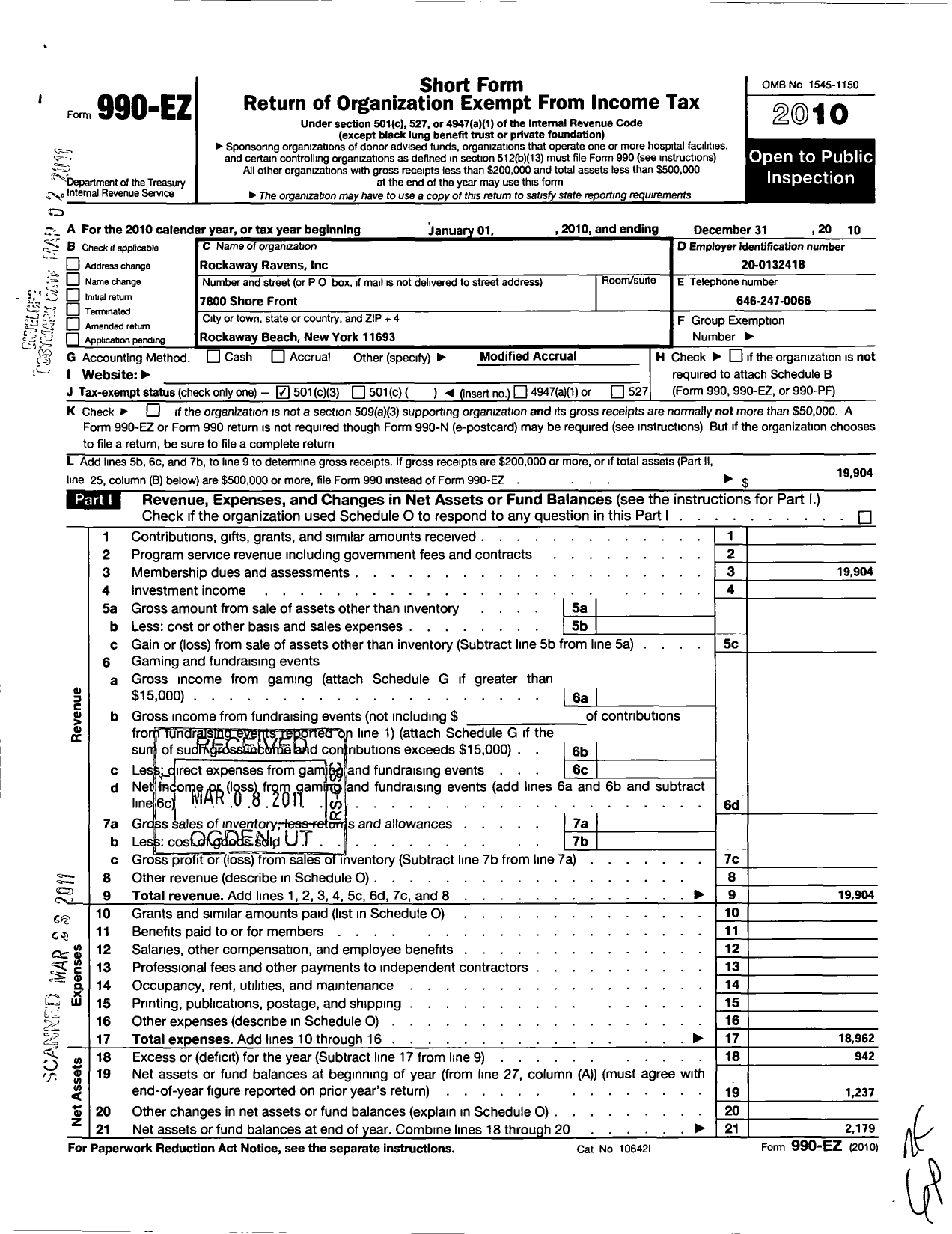 Image of first page of 2010 Form 990EZ for Rockaway Ravens Sports