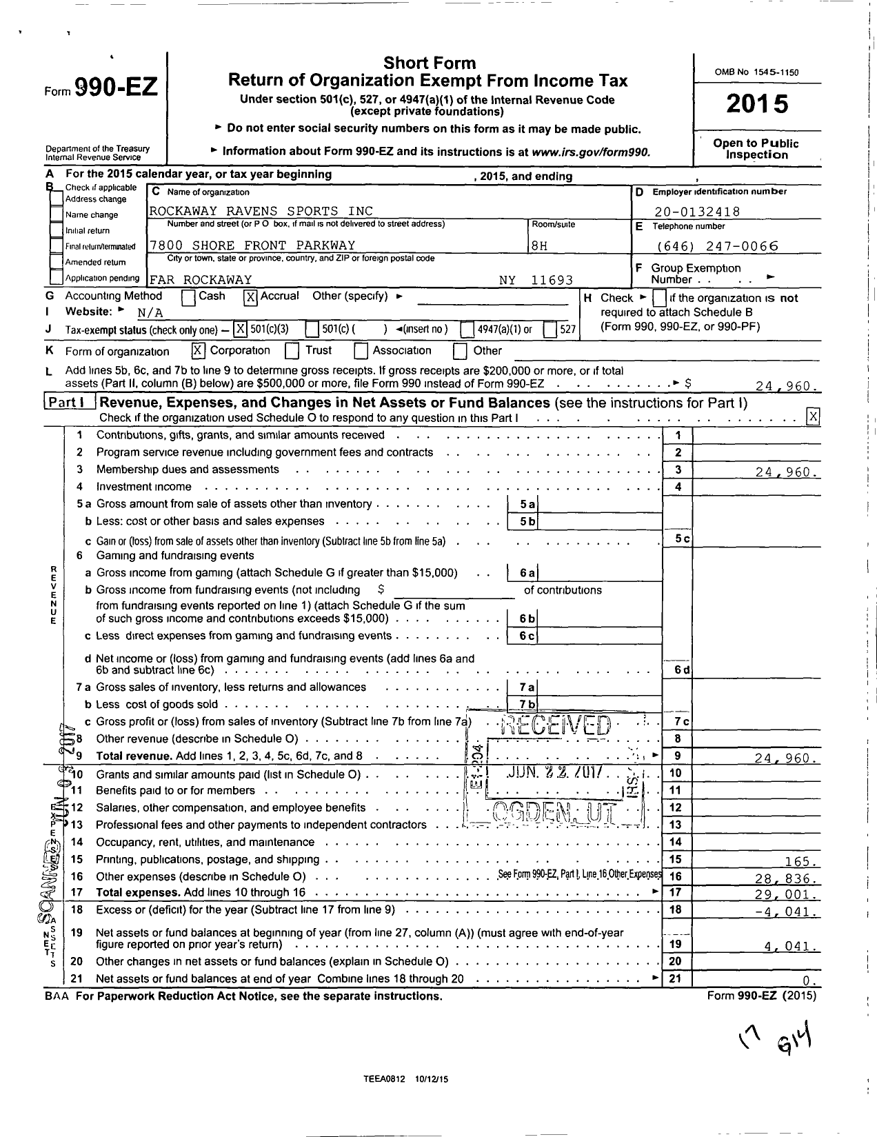 Image of first page of 2015 Form 990EZ for Rockaway Ravens Sports