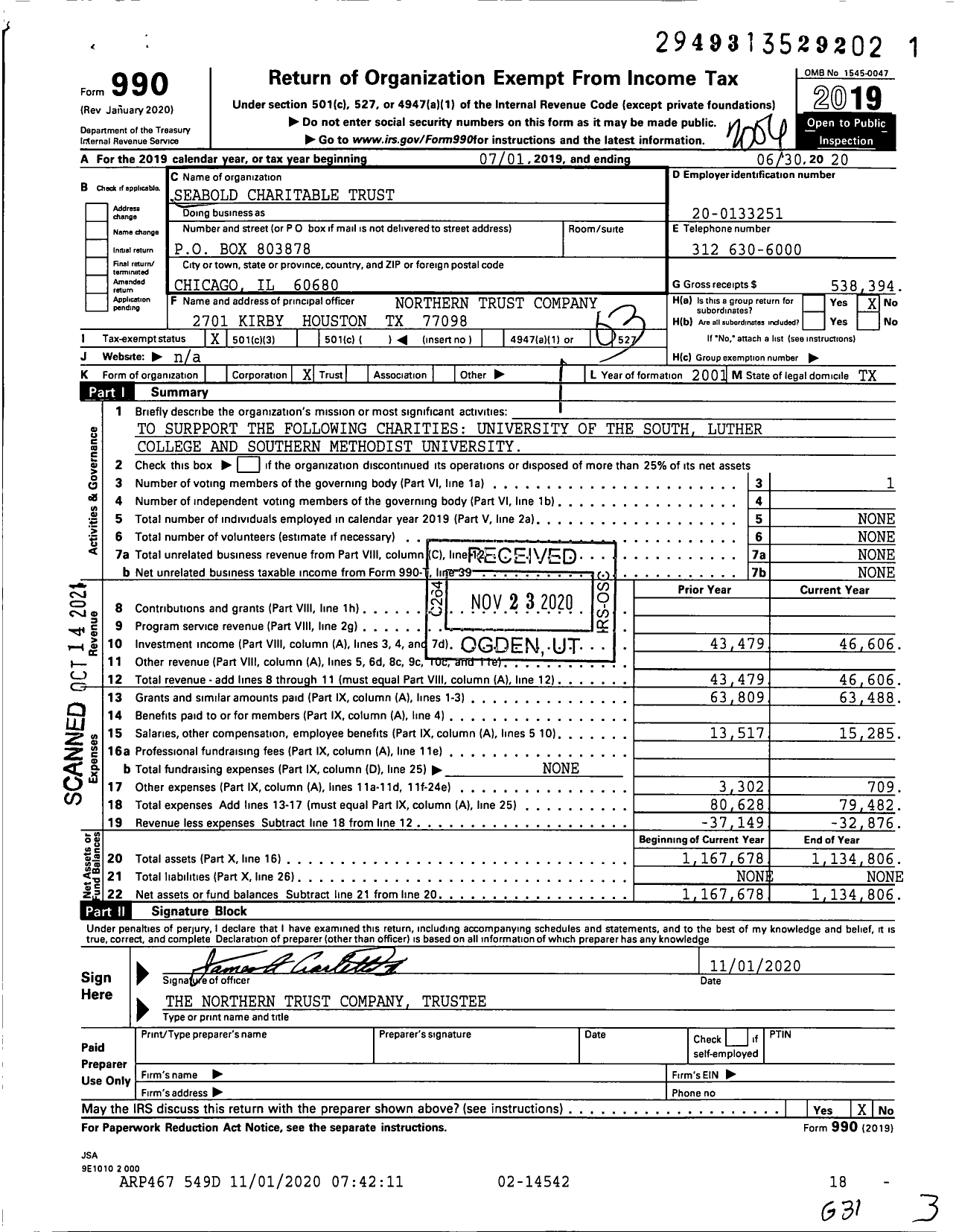 Image of first page of 2019 Form 990 for Seabold Charitable Trust