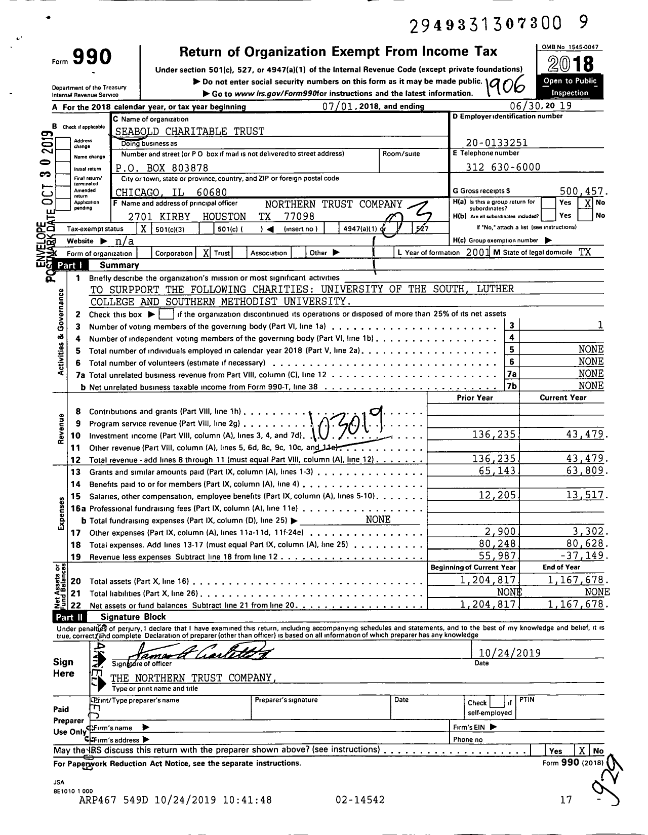 Image of first page of 2018 Form 990 for Seabold Charitable Trust