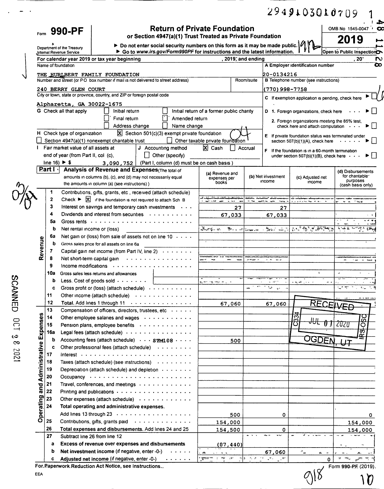 Image of first page of 2019 Form 990PF for The Hurlbert Family Foundation