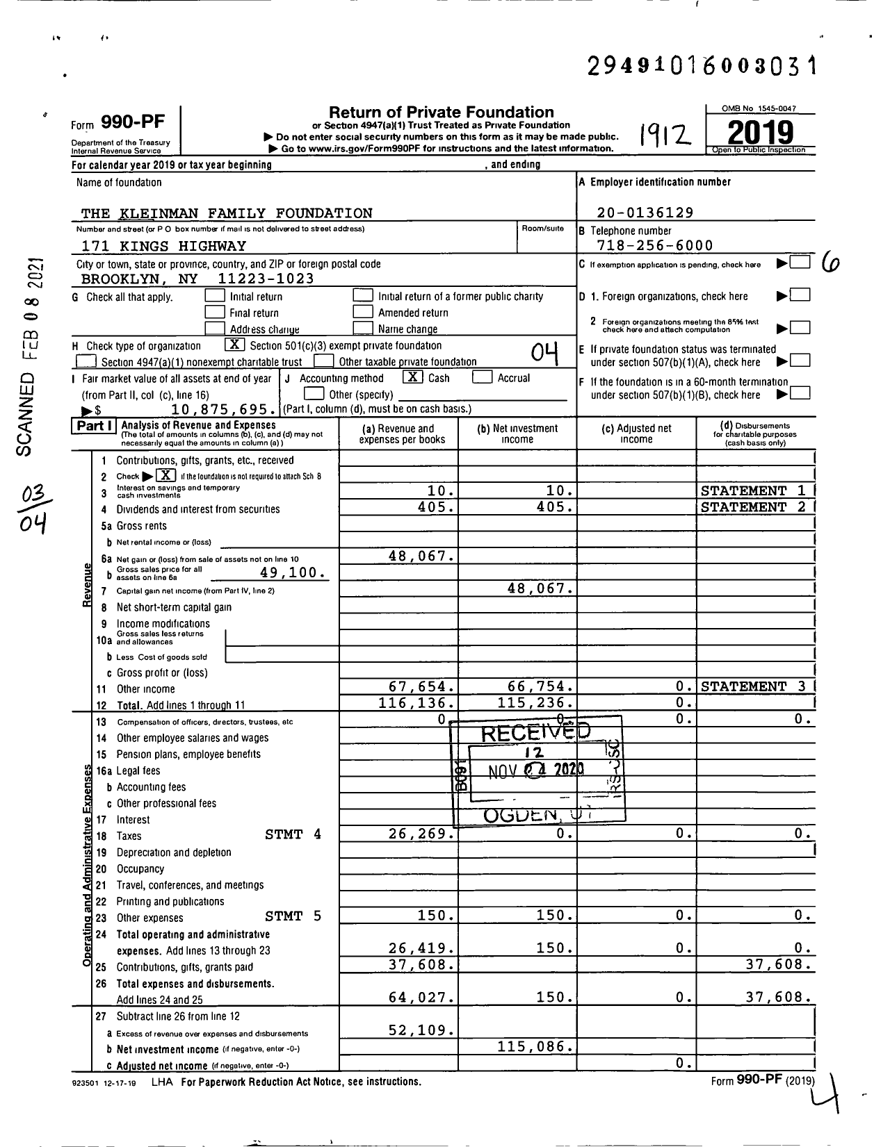 Image of first page of 2019 Form 990PF for The Kleinman Family Foundation