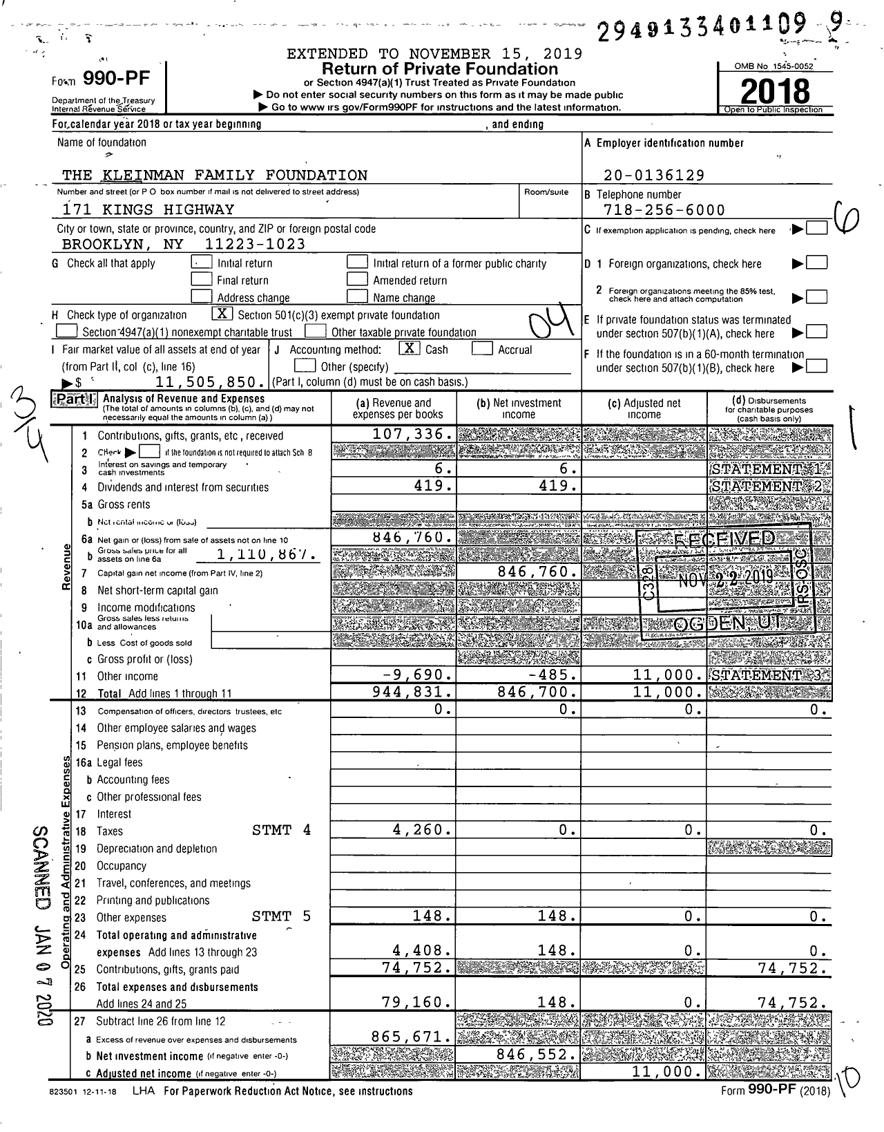 Image of first page of 2018 Form 990PF for The Kleinman Family Foundation