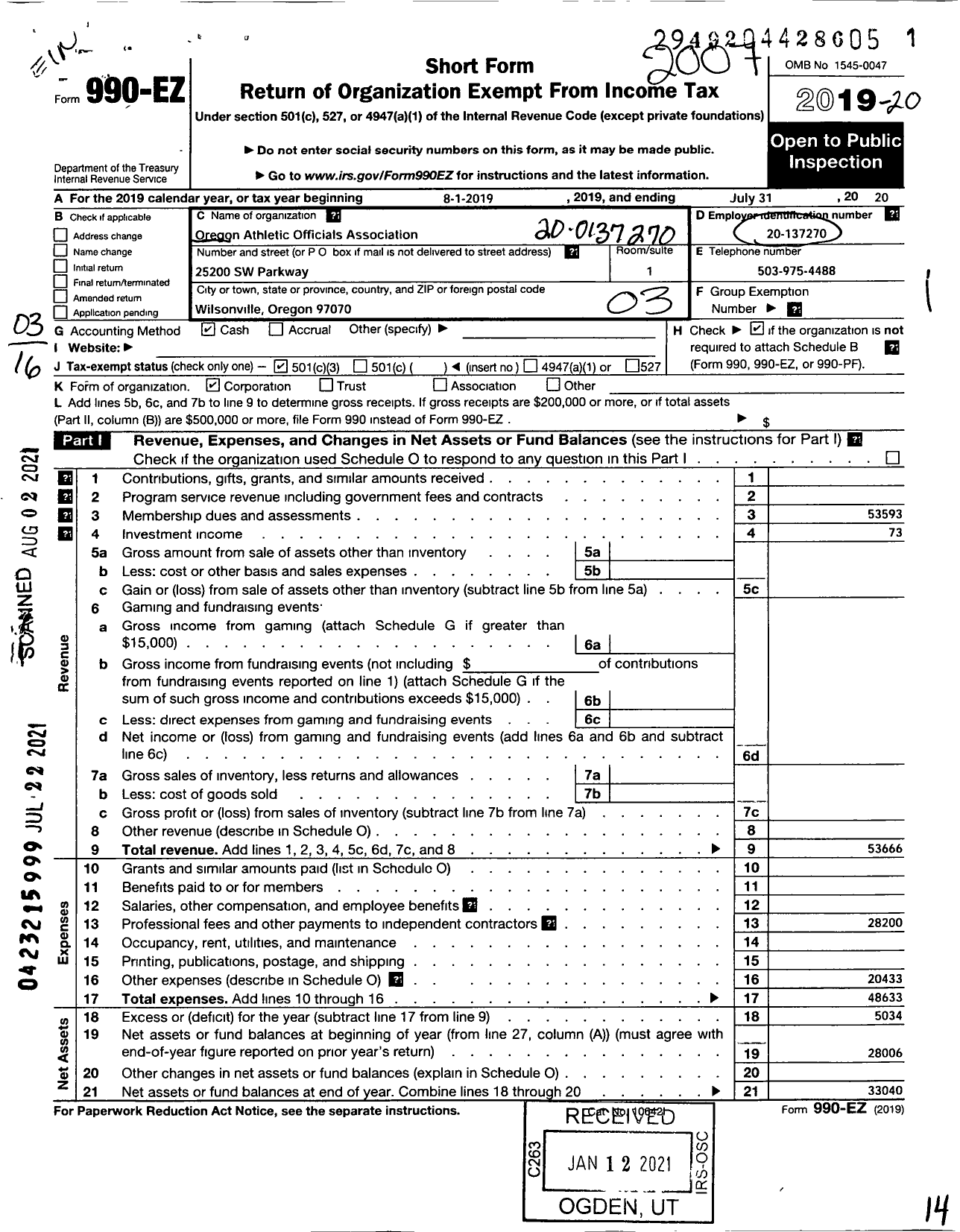 Image of first page of 2019 Form 990EZ for OREGON ATHLETIC OFFICALS Association