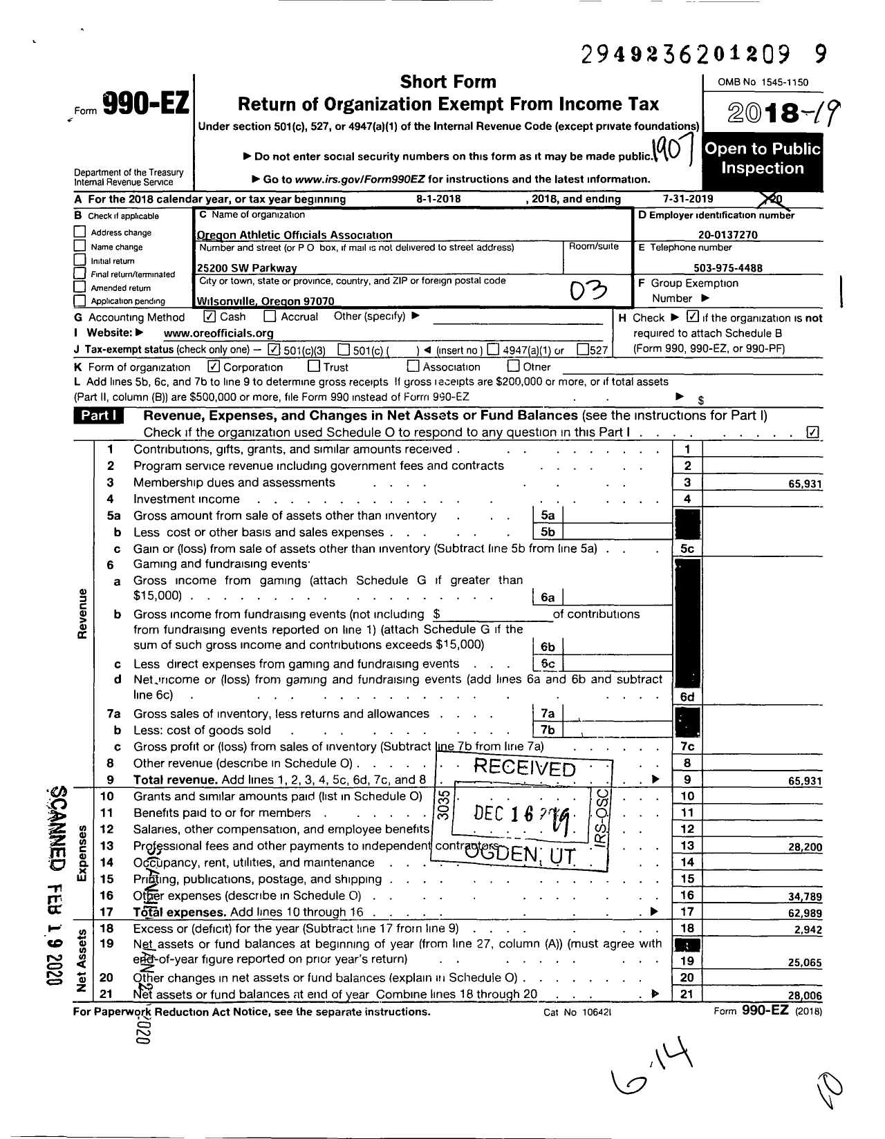 Image of first page of 2018 Form 990EZ for OREGON ATHLETIC OFFICALS Association