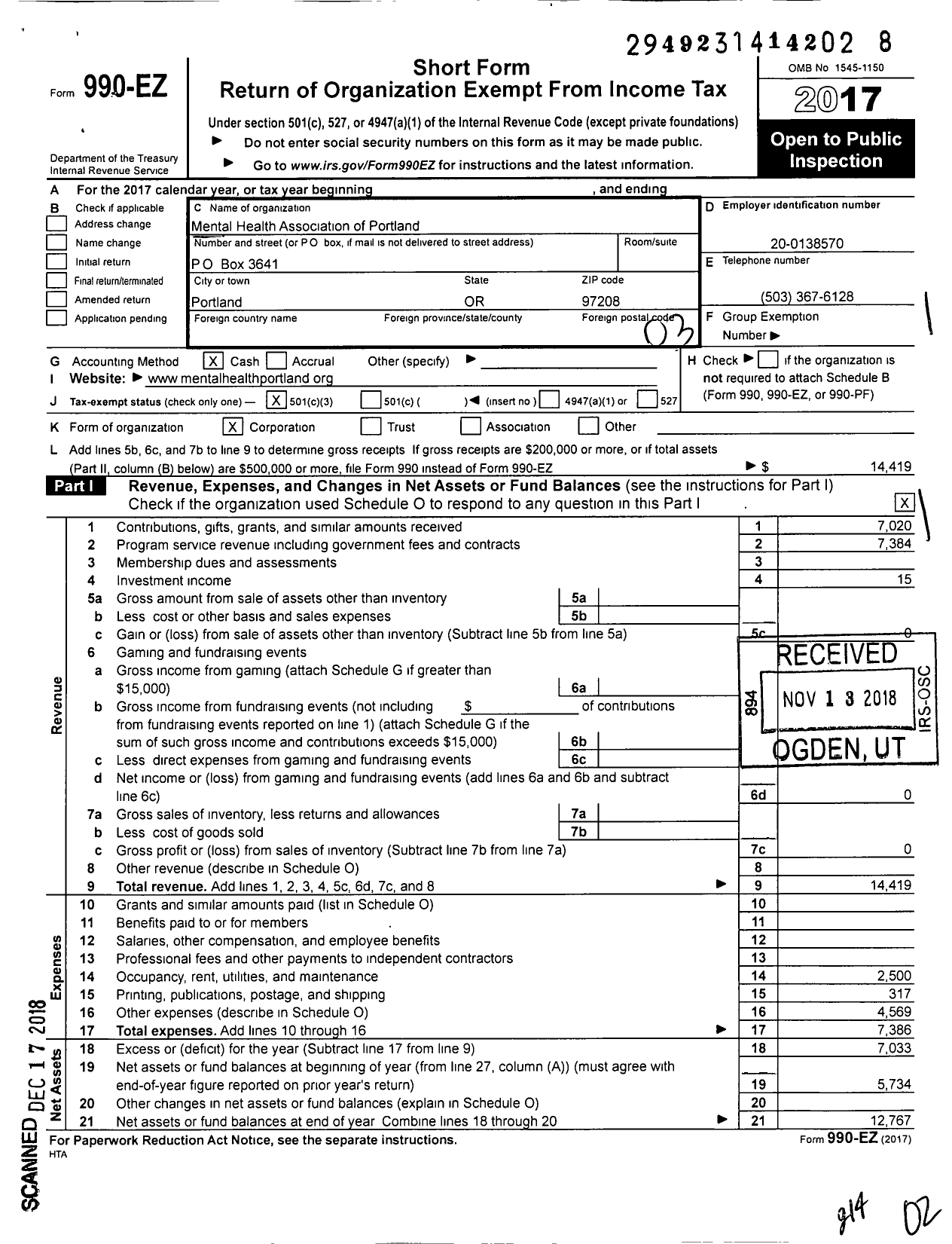 Image of first page of 2017 Form 990EZ for Mental Health Association of Portland