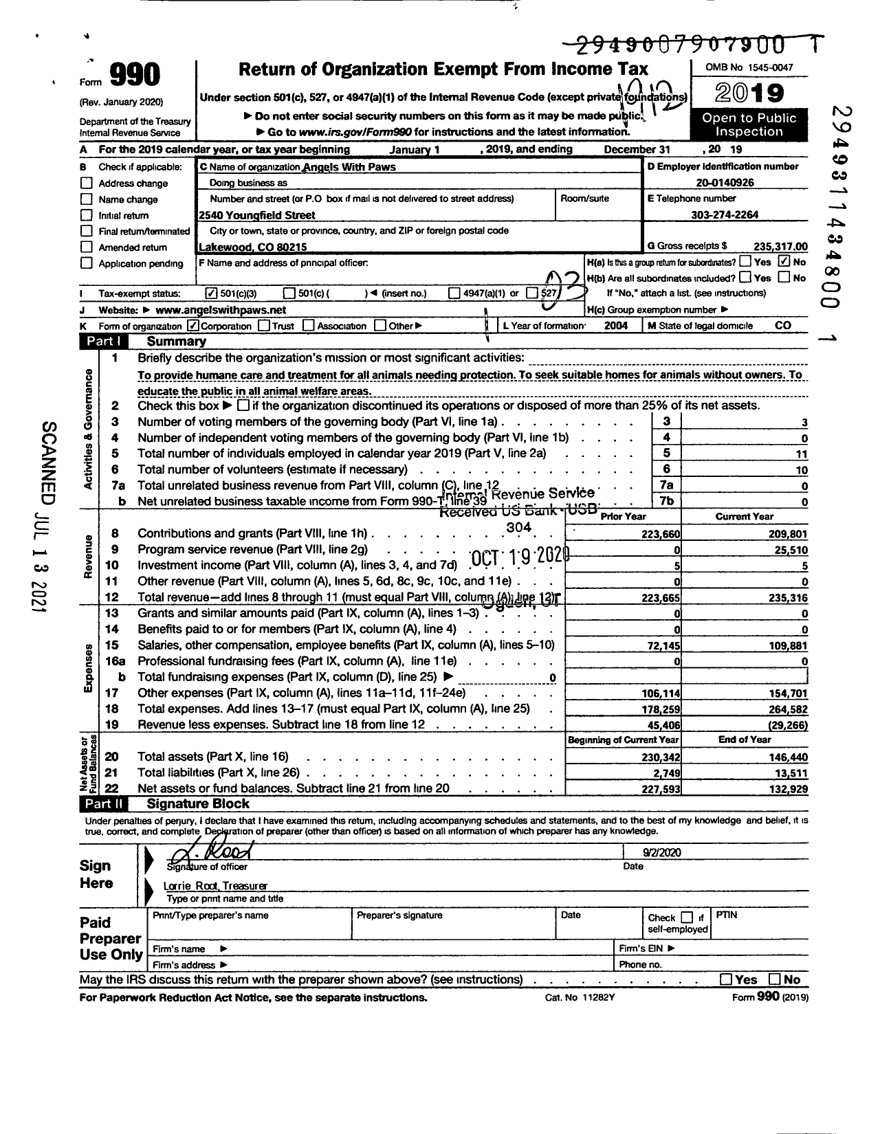 Image of first page of 2019 Form 990 for Angels With Paws