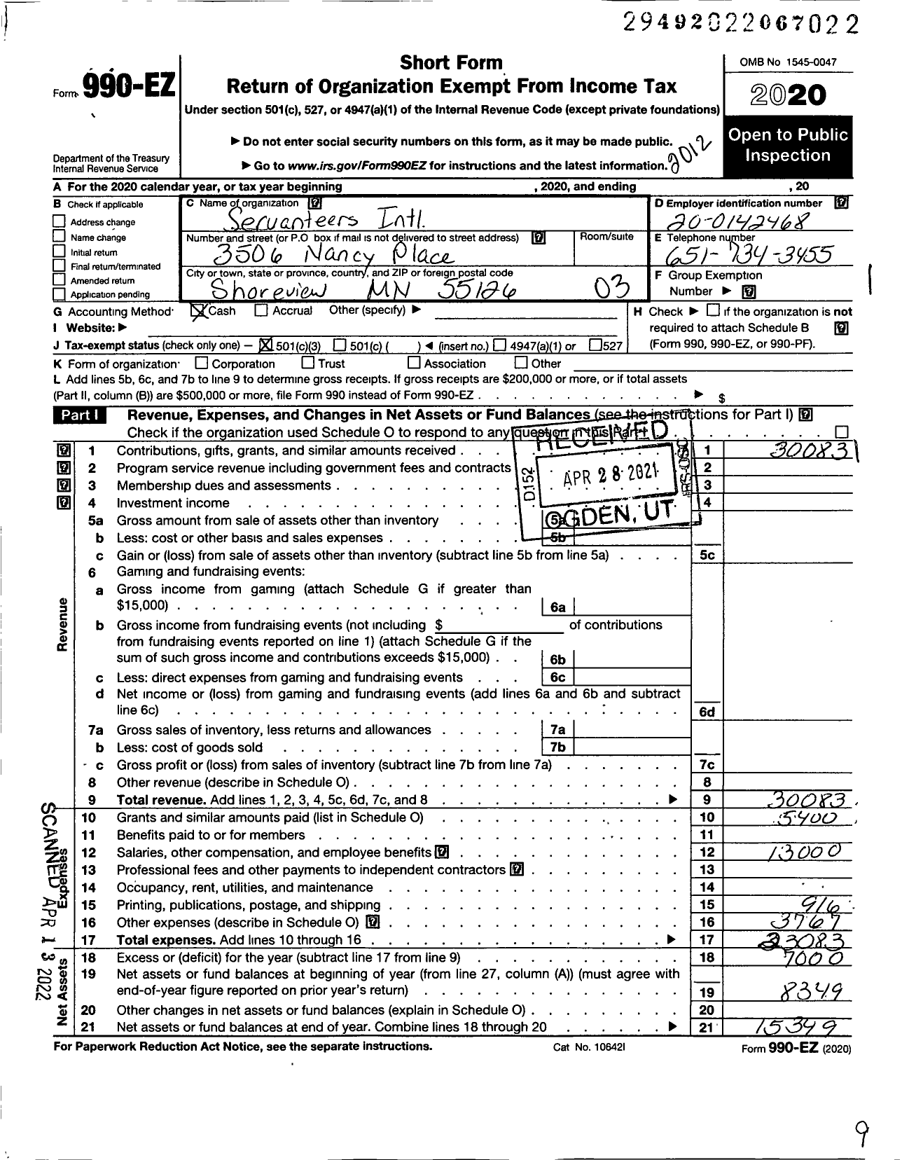 Image of first page of 2020 Form 990EZ for Servanteers International