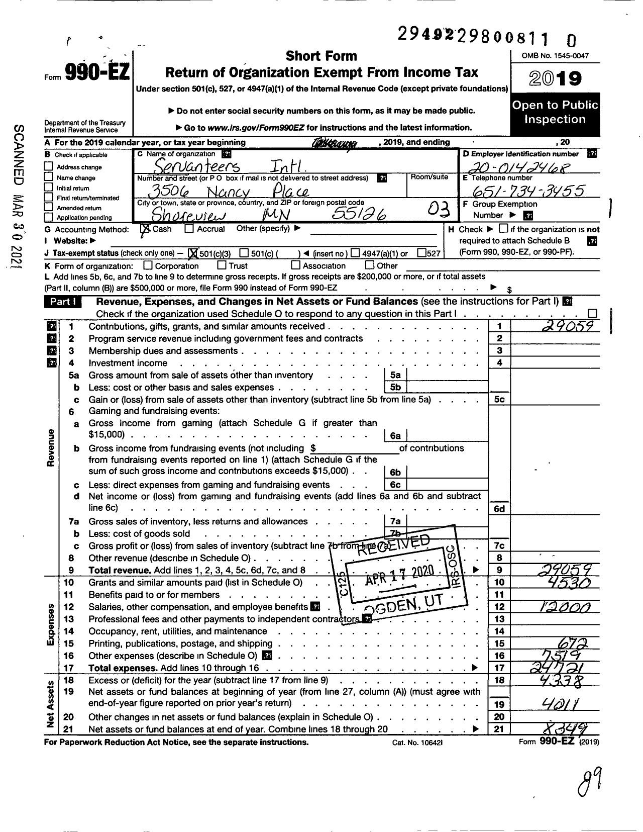 Image of first page of 2019 Form 990EZ for Servanteers International