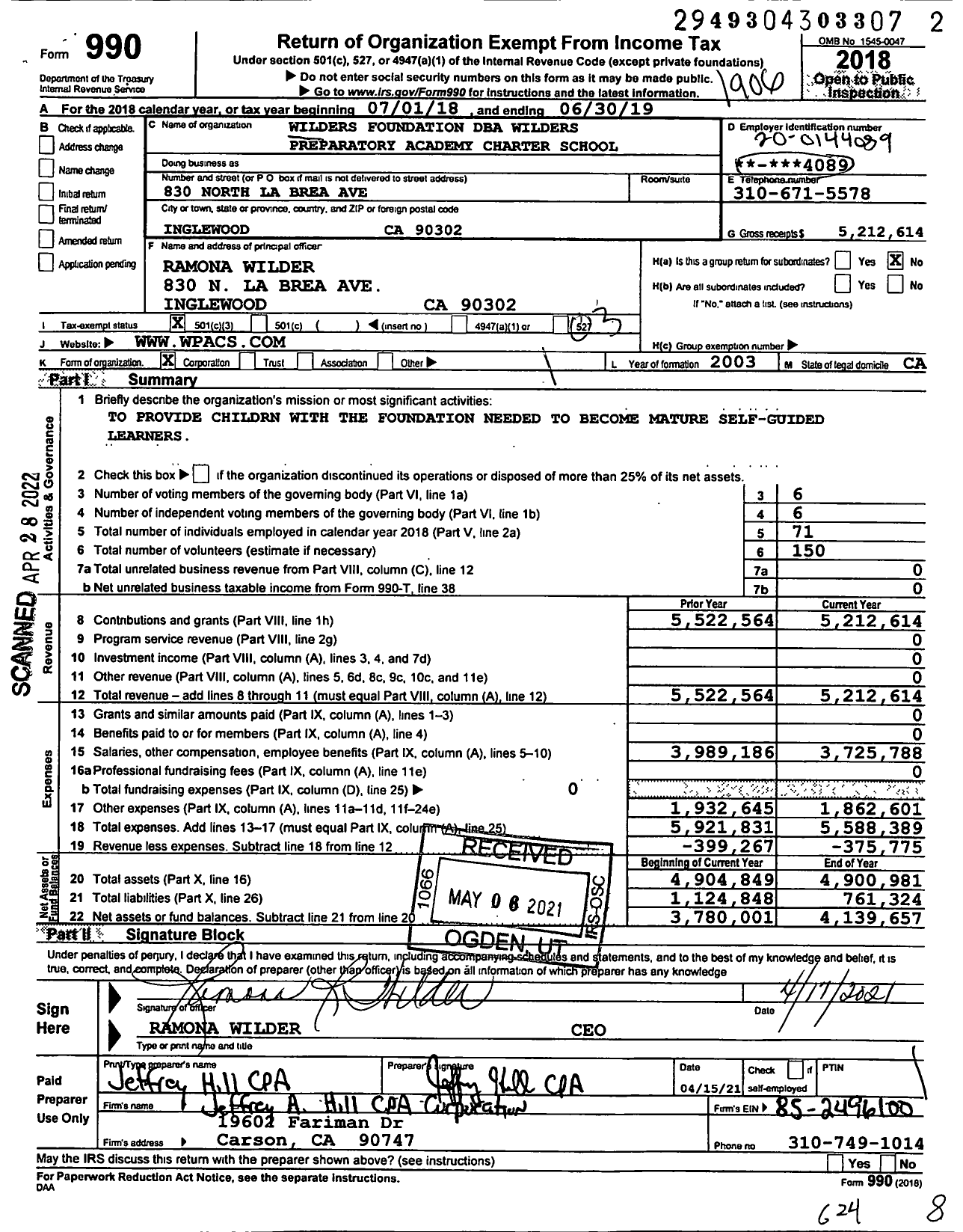 Image of first page of 2018 Form 990 for Wilders Preparatory Academy Charter School