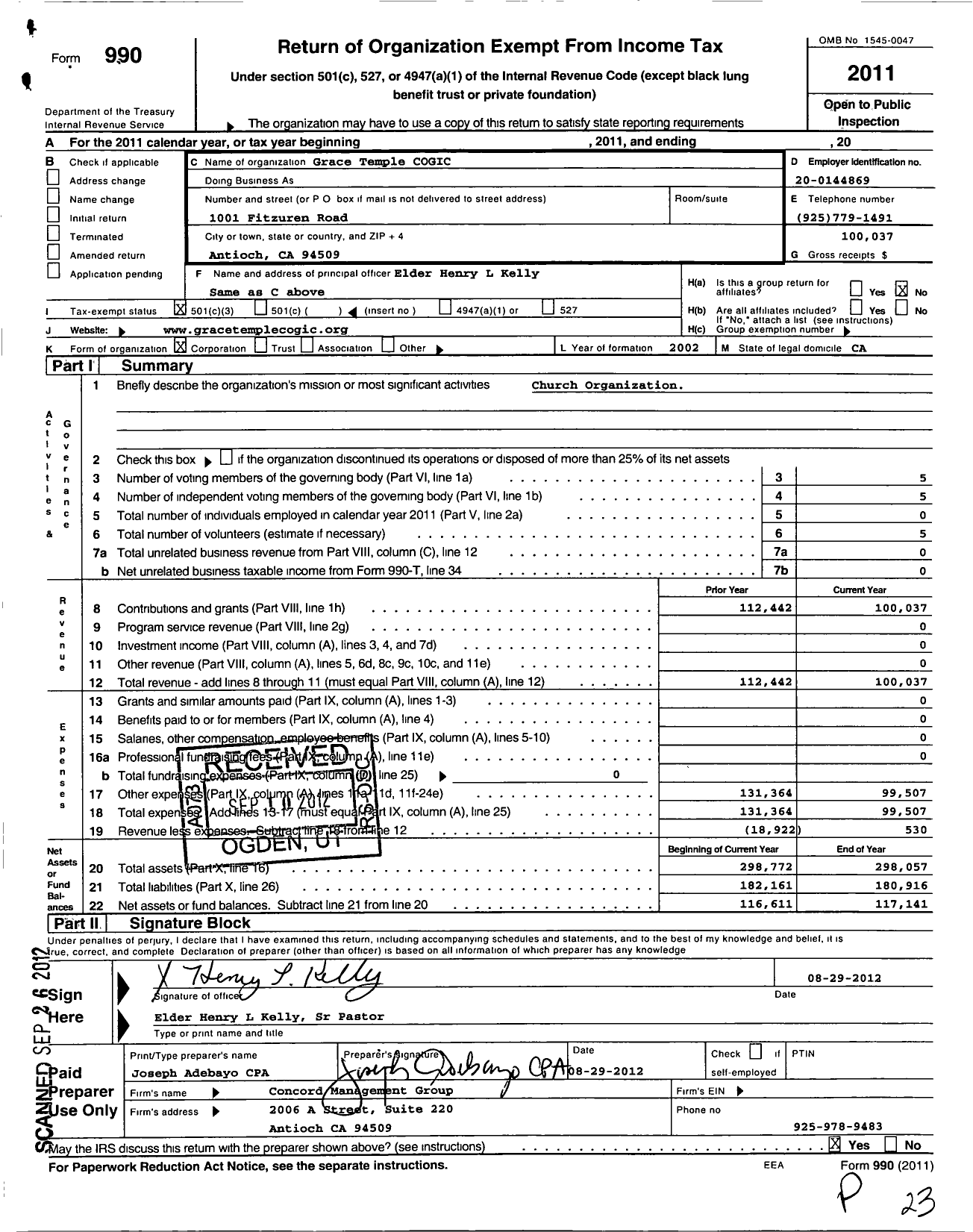 Image of first page of 2011 Form 990 for Grace Temple Church of God in Christ