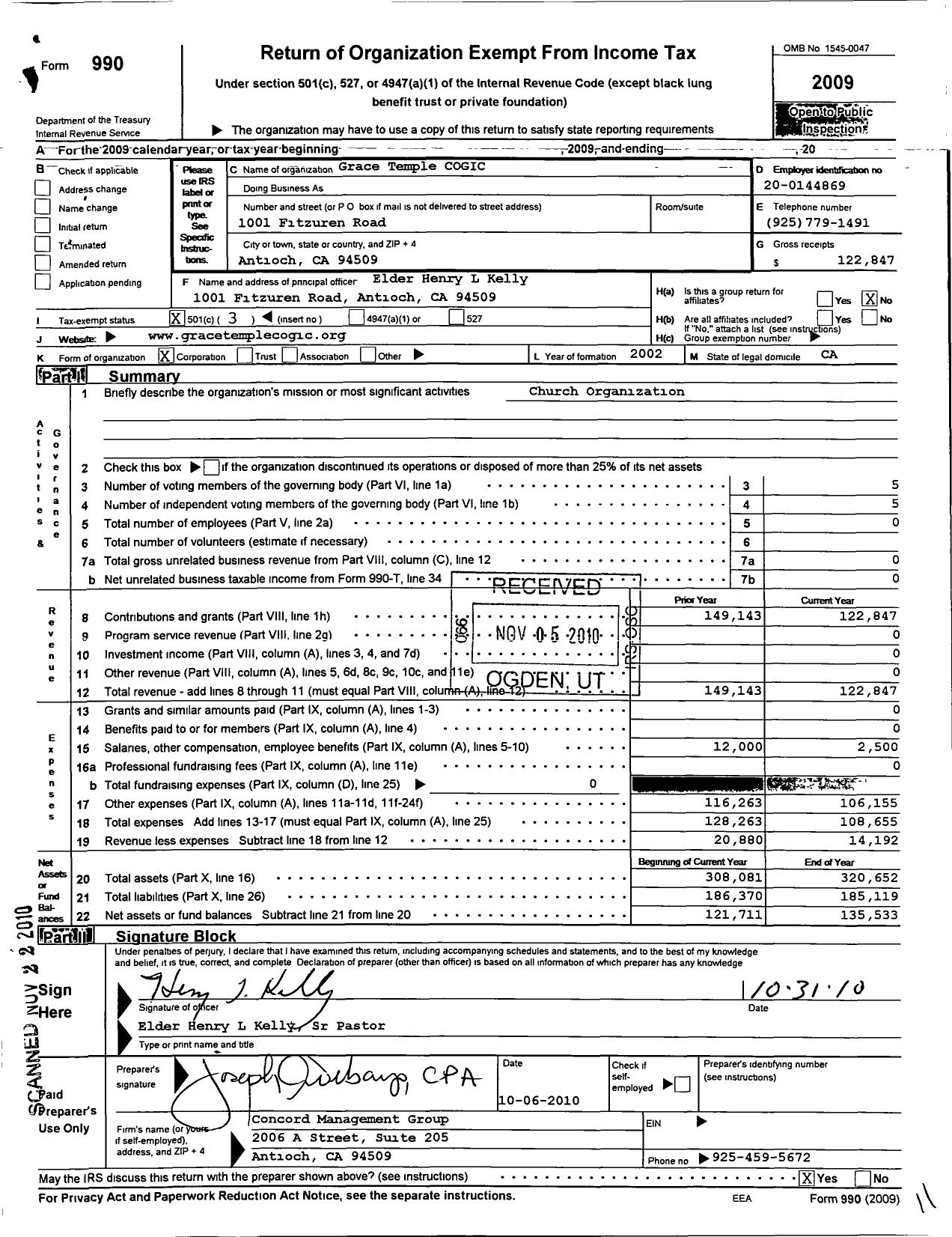 Image of first page of 2009 Form 990 for Grace Temple Church of God in Christ