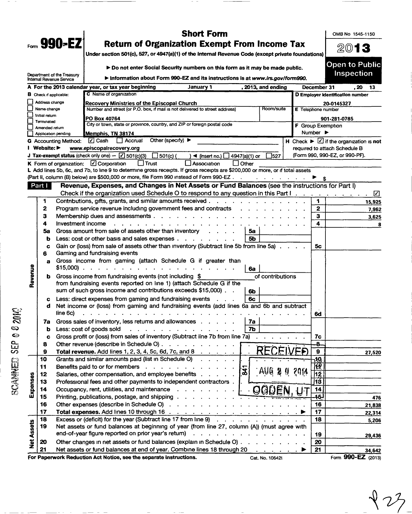 Image of first page of 2013 Form 990EZ for Recovery Ministries of the Episcopal Church