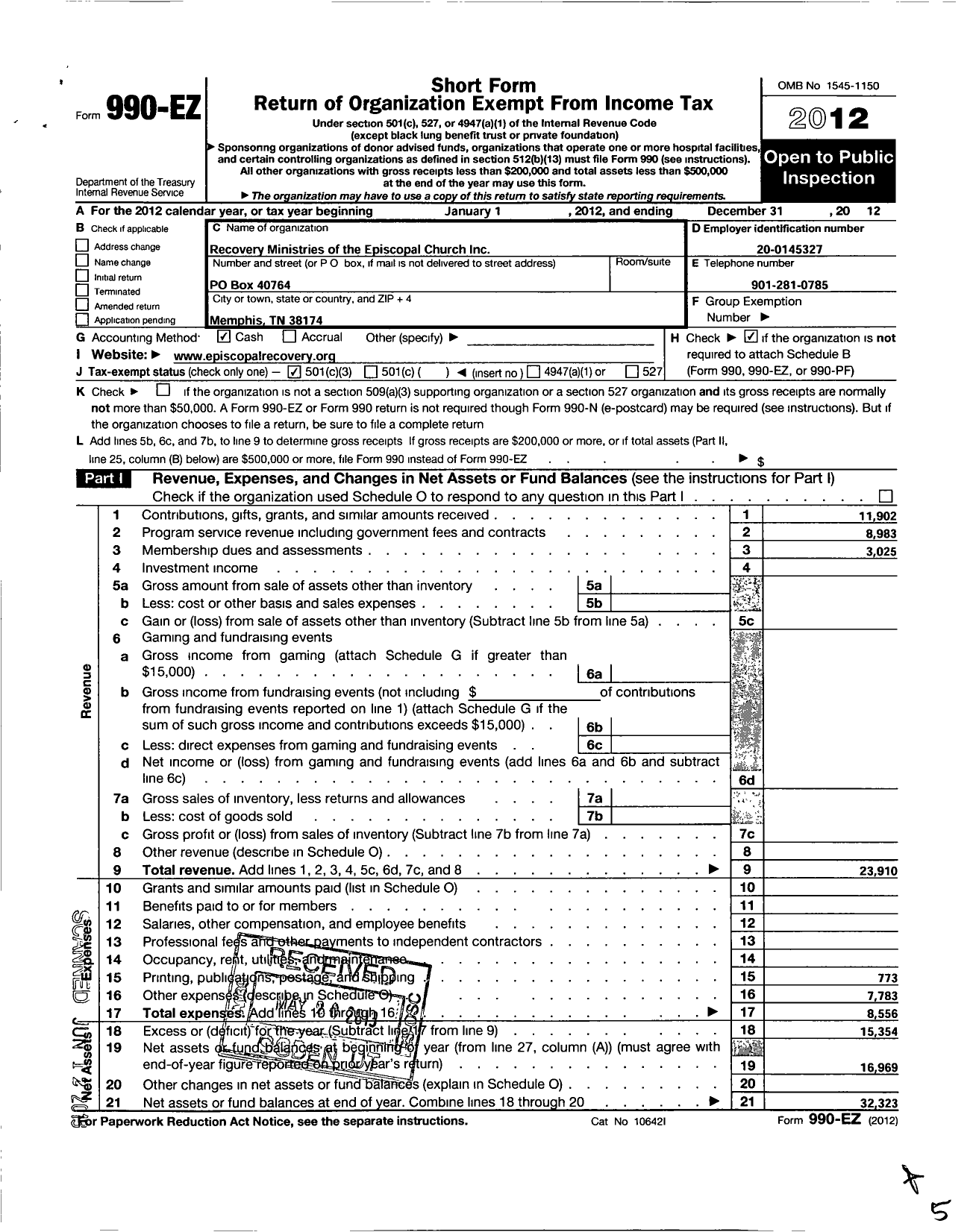 Image of first page of 2012 Form 990EZ for Recovery Ministries of the Episcopal Church