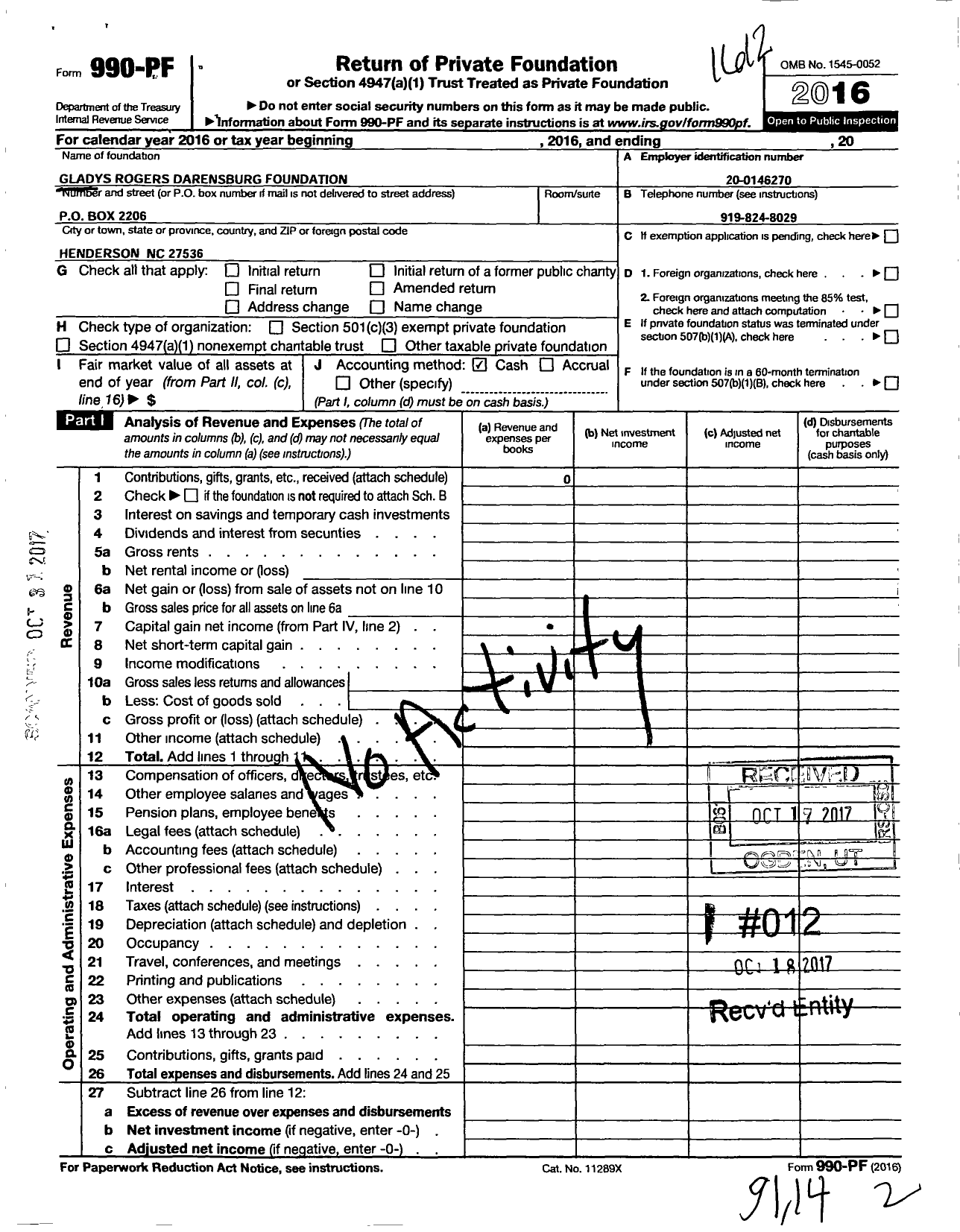 Image of first page of 2016 Form 990PF for Gladys Rogers Darensburg Foundation