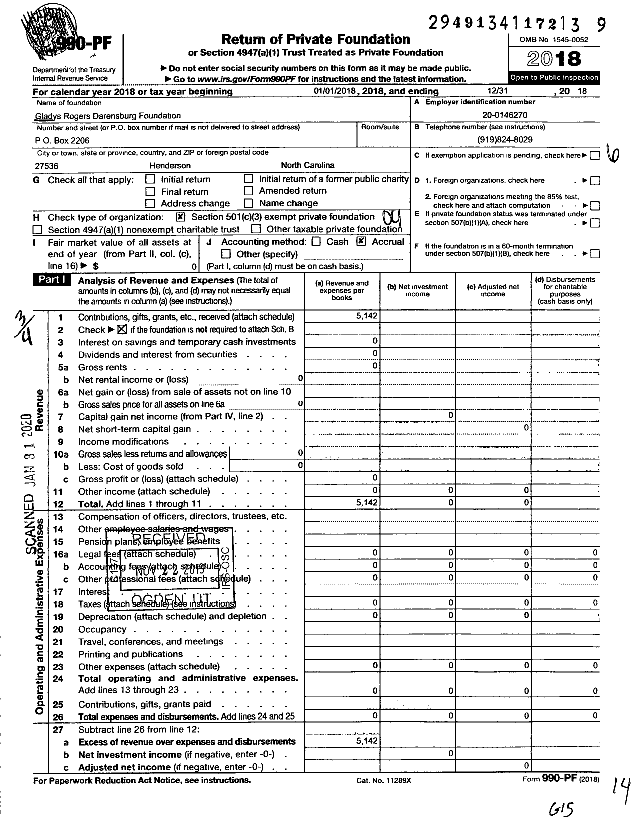 Image of first page of 2018 Form 990PF for Gladys Rogers Darensburg Foundation