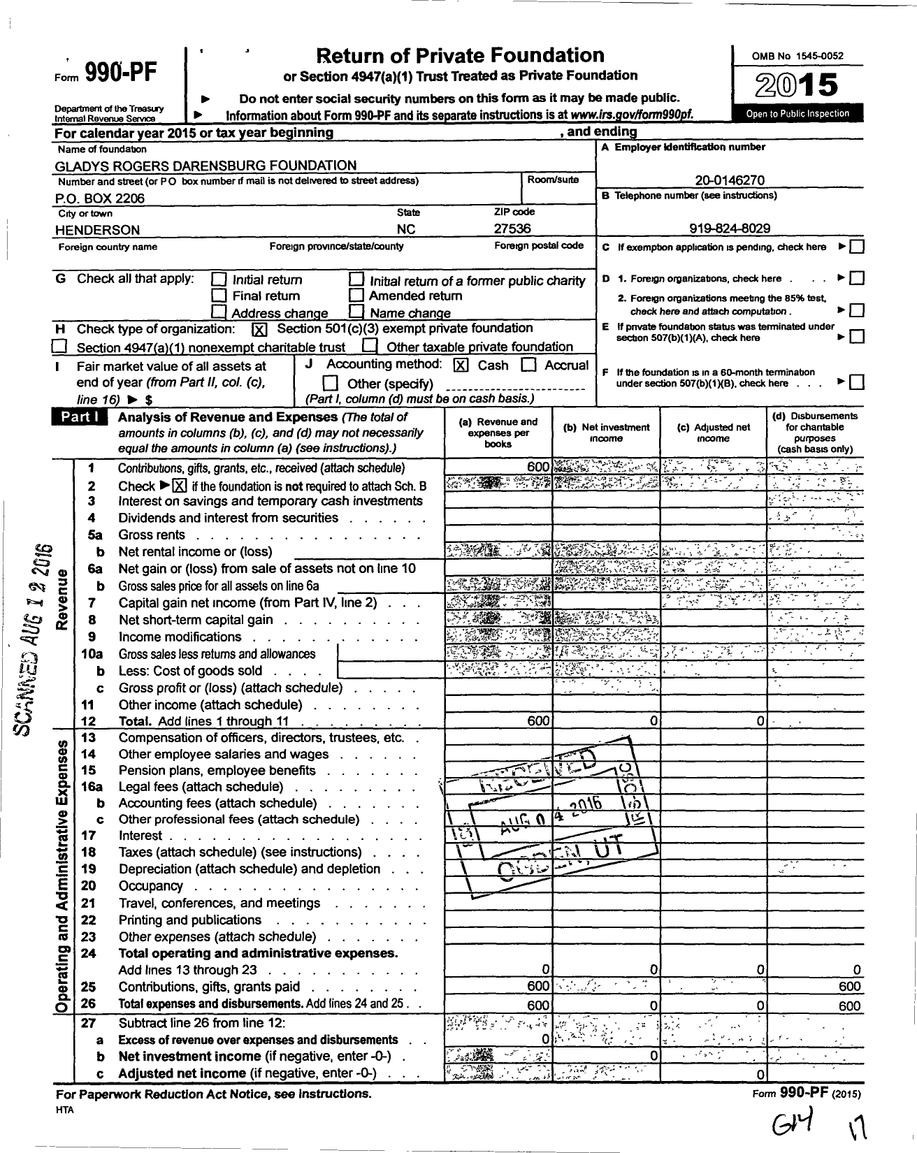 Image of first page of 2015 Form 990PF for Gladys Rogers Darensburg Foundation