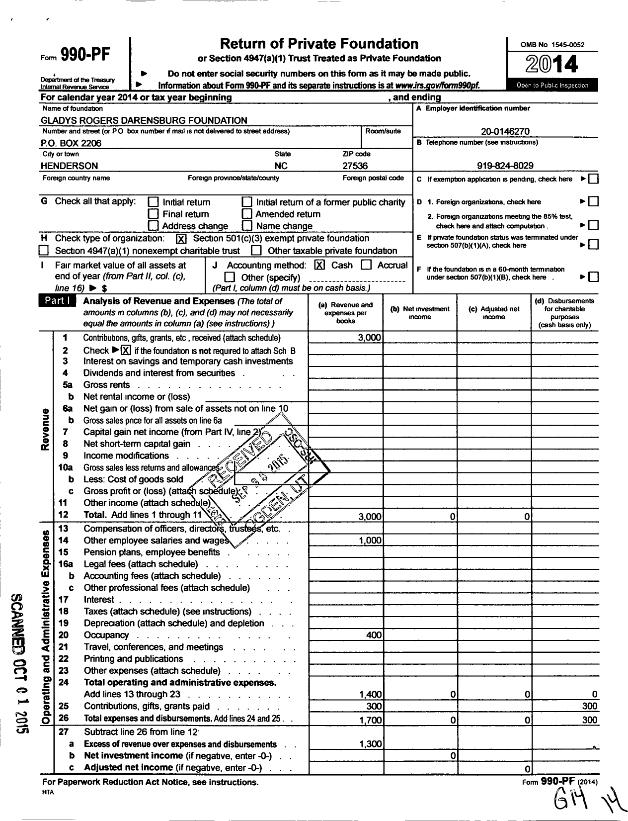 Image of first page of 2014 Form 990PF for Gladys Rogers Darensburg Foundation