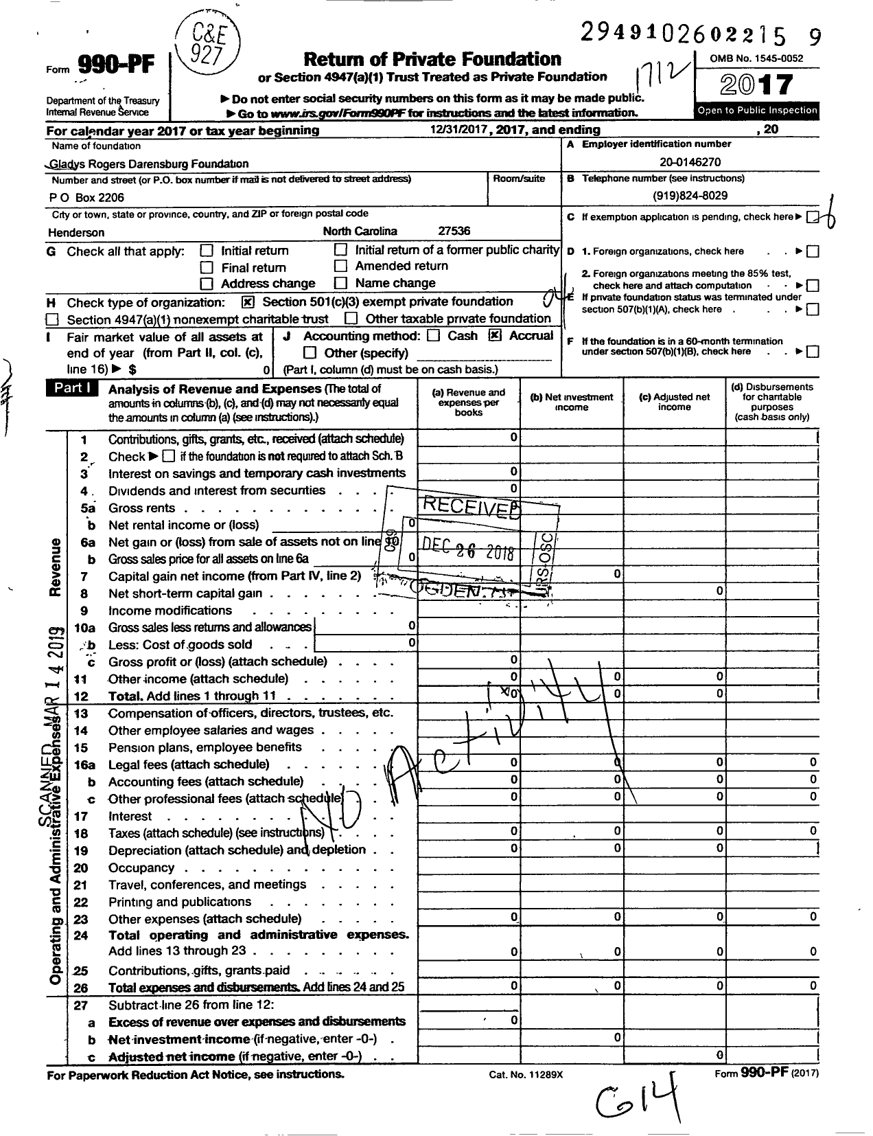 Image of first page of 2017 Form 990PF for Gladys Rogers Darensburg Foundation