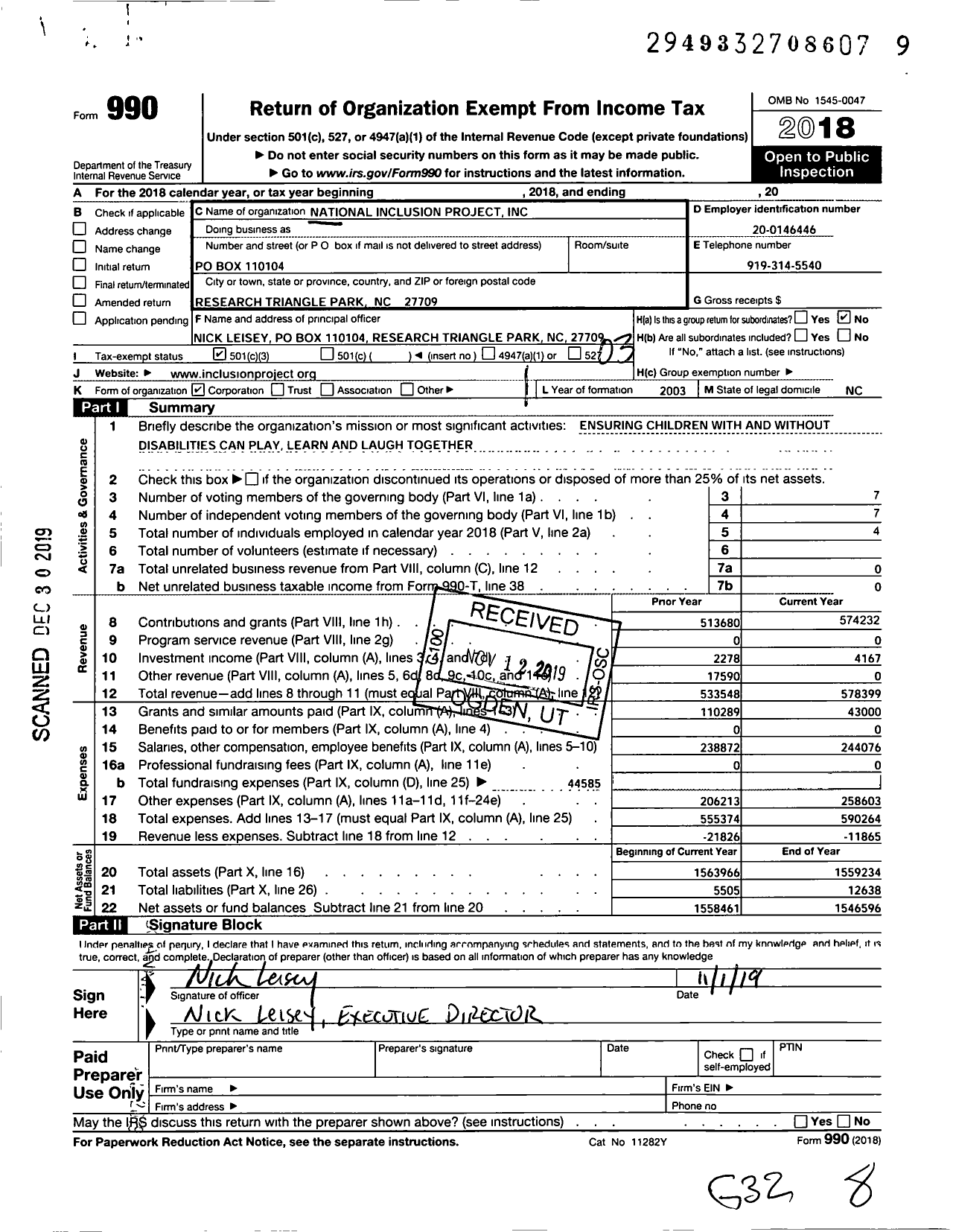 Image of first page of 2018 Form 990 for National Inclusion Project