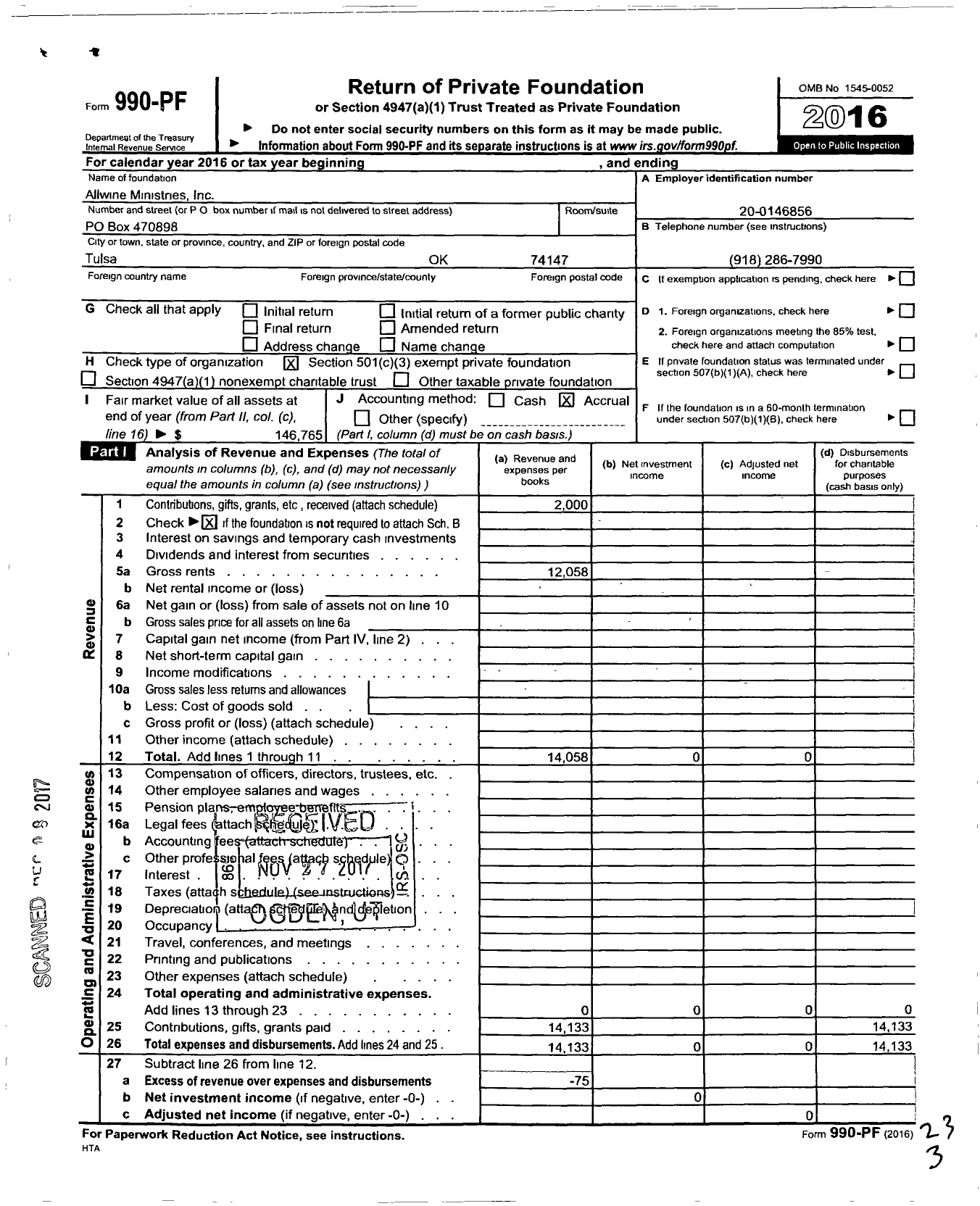 Image of first page of 2016 Form 990PF for Allwine Ministries