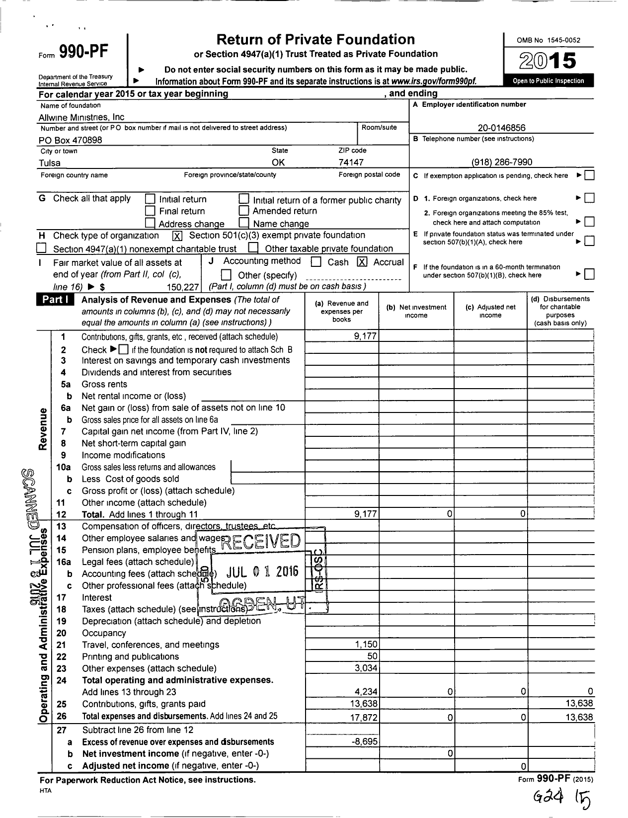 Image of first page of 2015 Form 990PF for Allwine Ministries