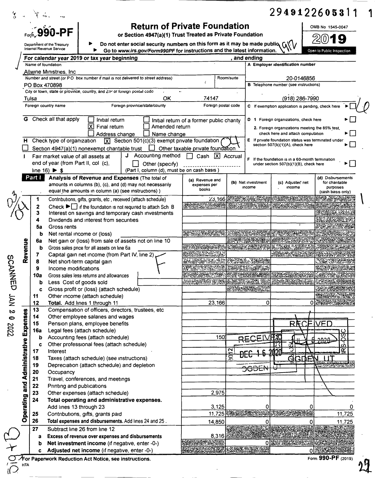 Image of first page of 2019 Form 990PF for Allwine Ministries