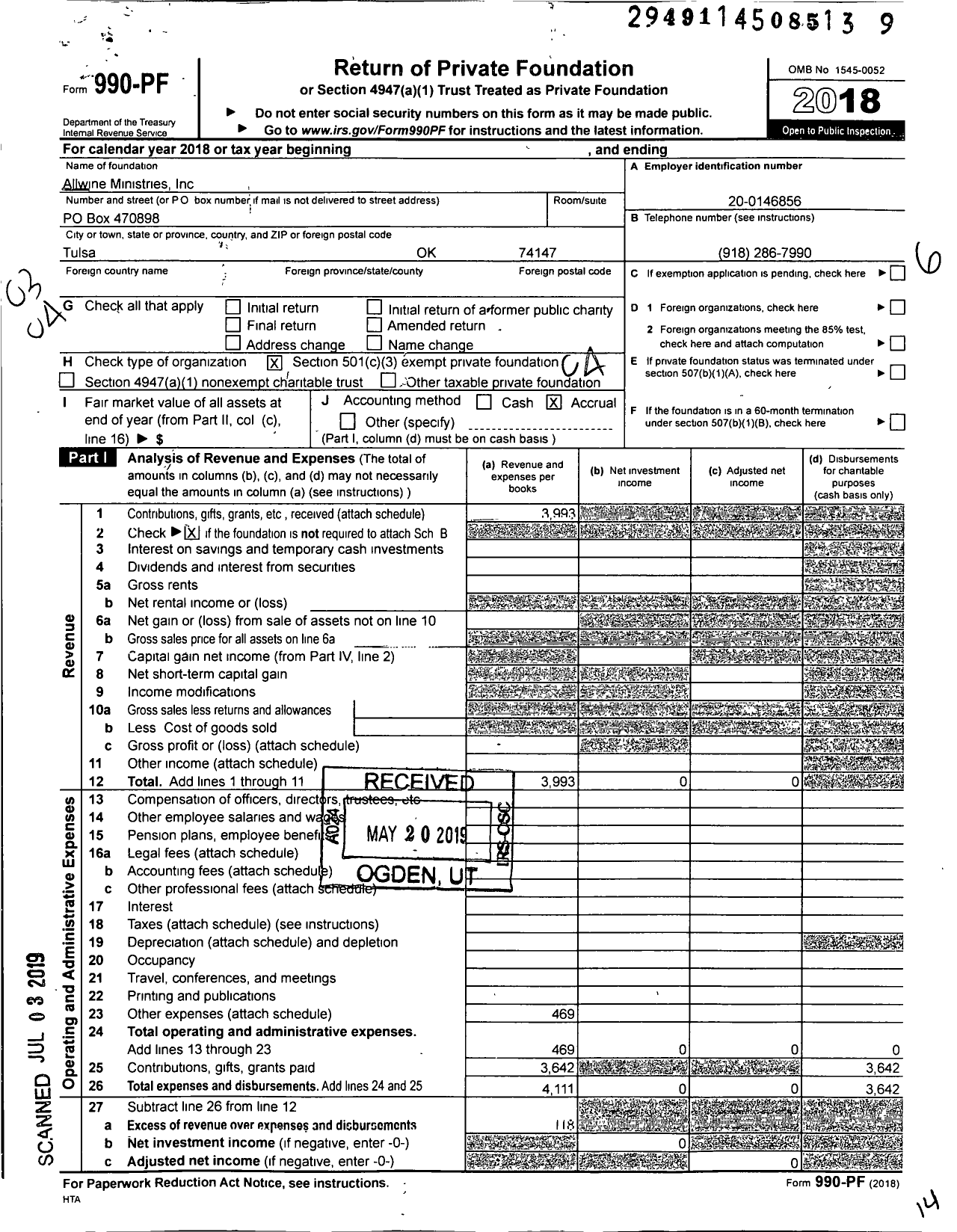 Image of first page of 2018 Form 990PF for Allwine Ministries