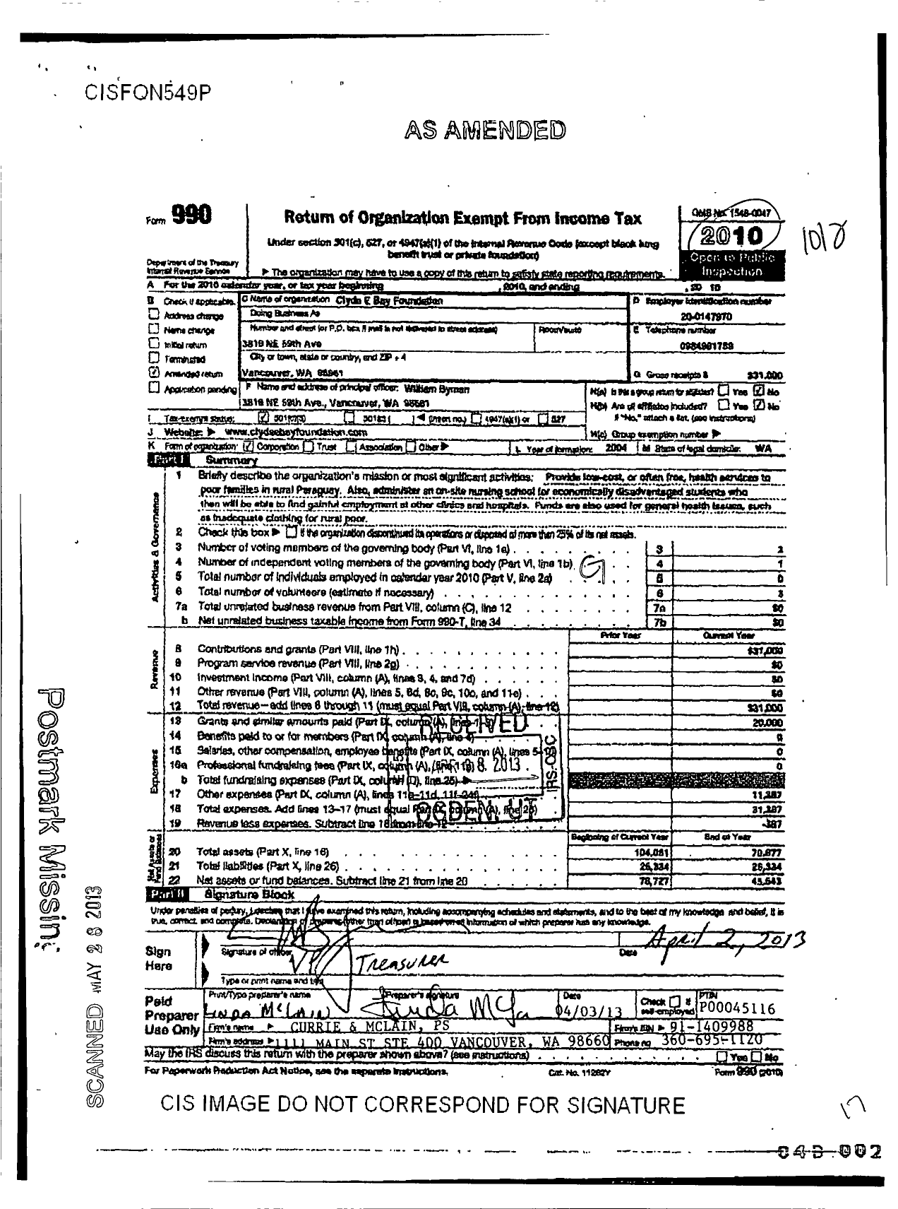 Image of first page of 2010 Form 990 for Clyde E Bay Foundation