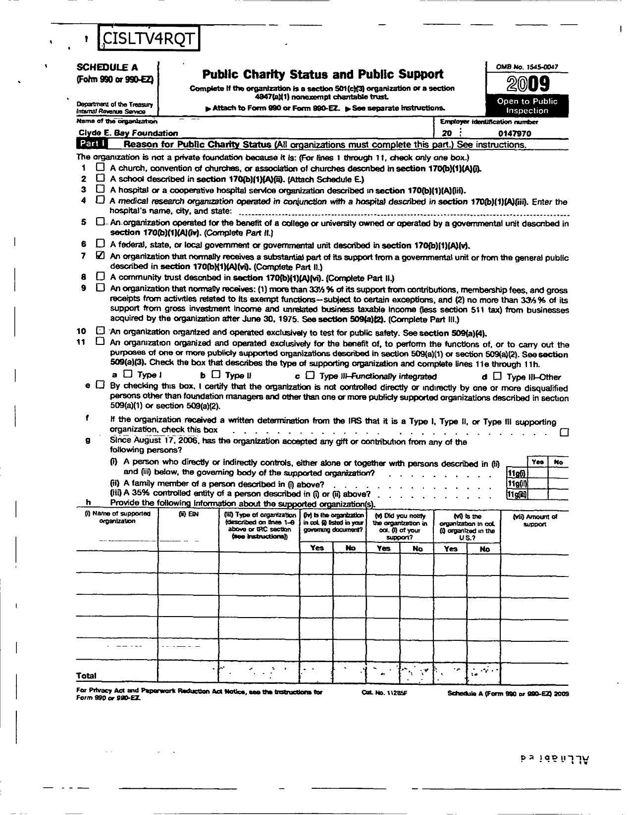 Image of first page of 2009 Form 990ER for Clyde E Bay Foundation