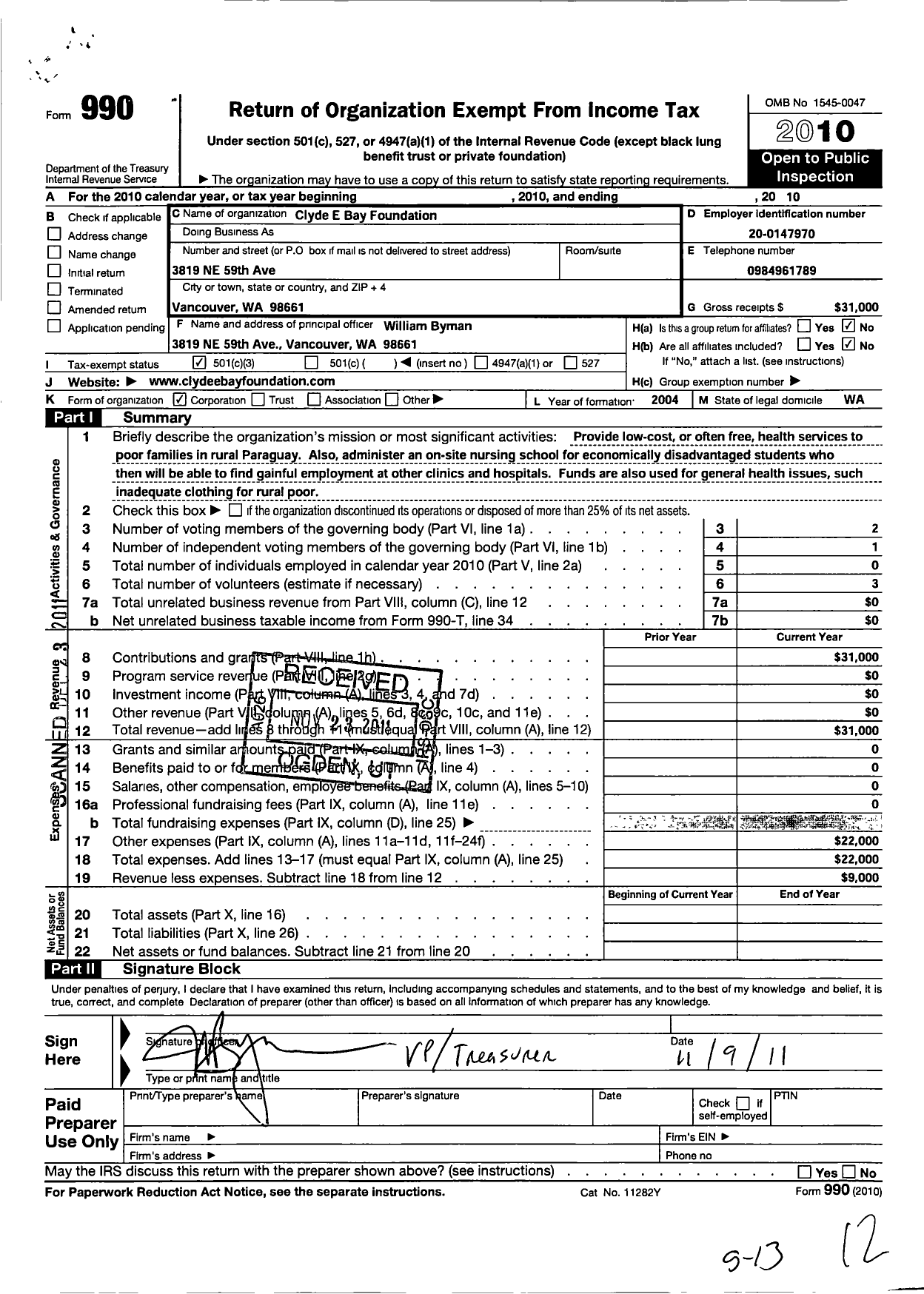 Image of first page of 2010 Form 990 for Clyde E Bay Foundation