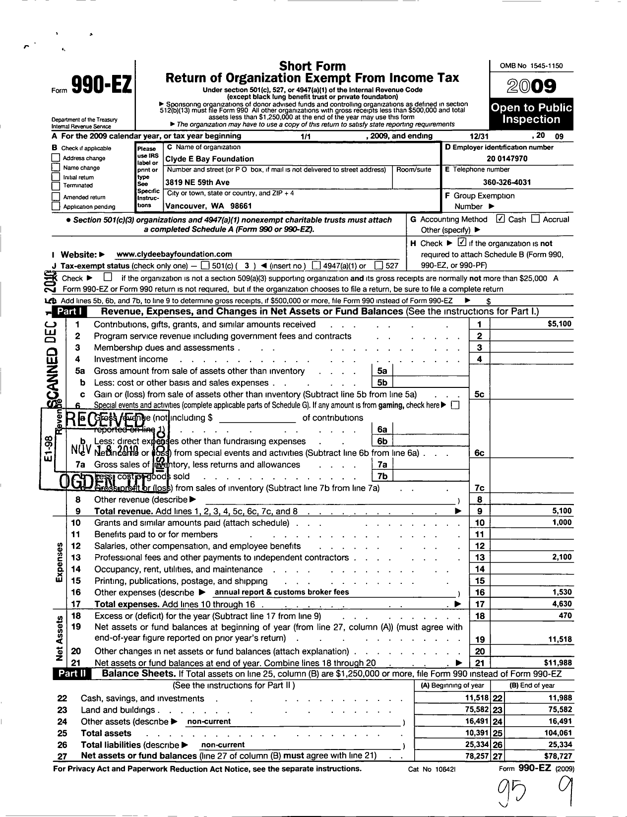 Image of first page of 2009 Form 990EZ for Clyde E Bay Foundation