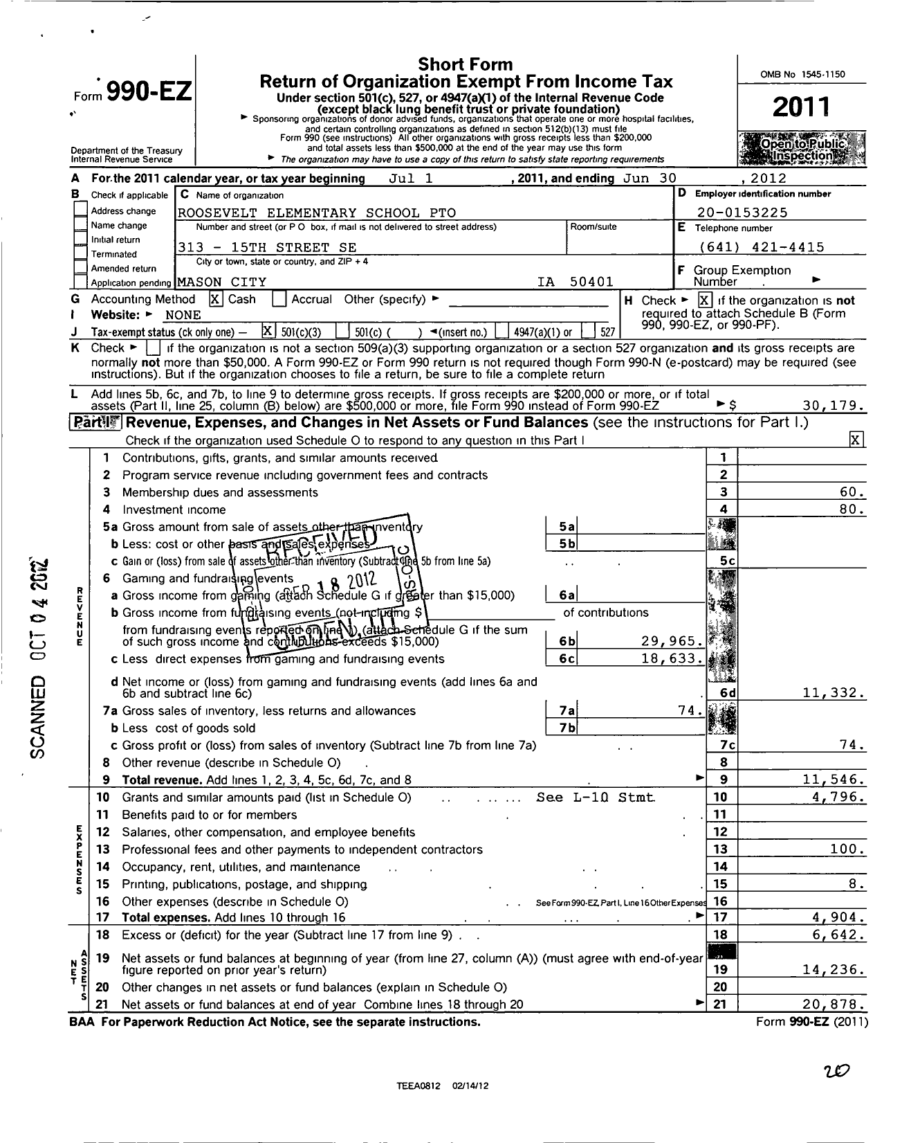 Image of first page of 2011 Form 990EZ for Roosevelt Elementary School Pto