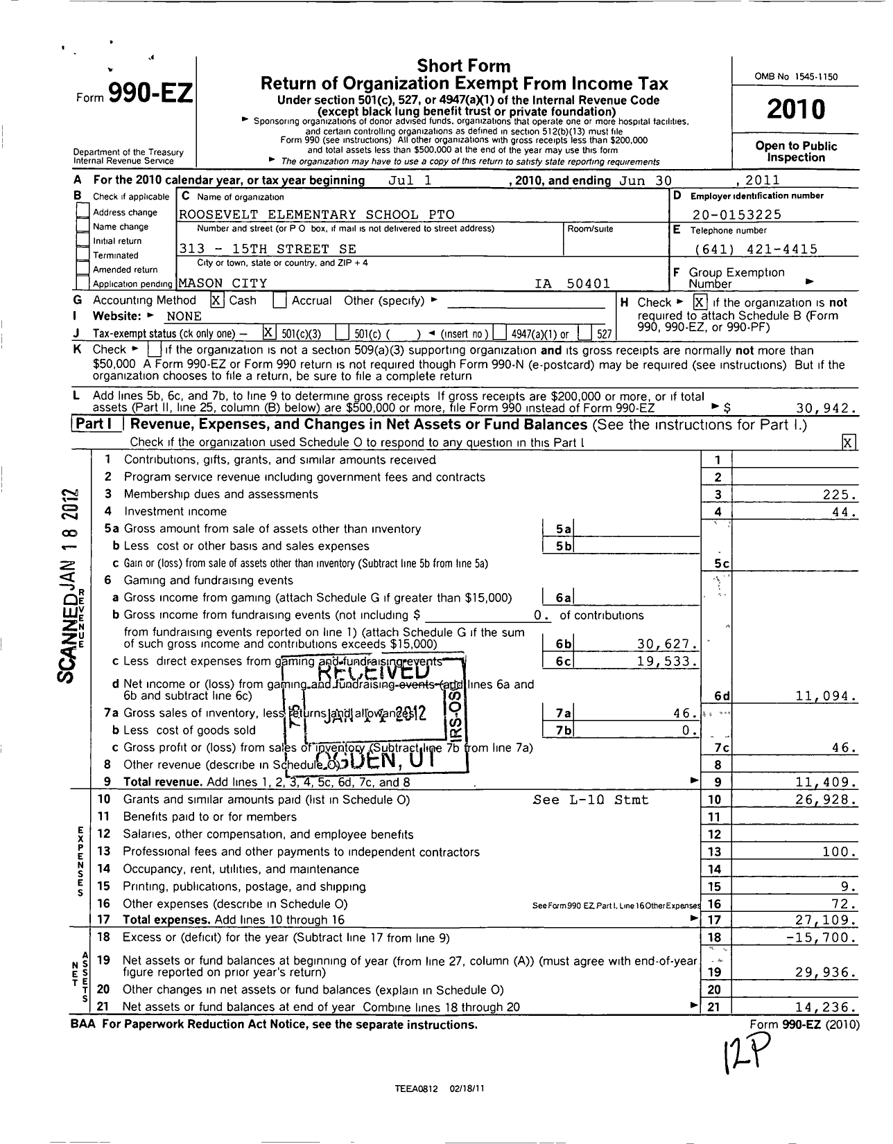 Image of first page of 2010 Form 990EZ for Roosevelt Elementary School Pto