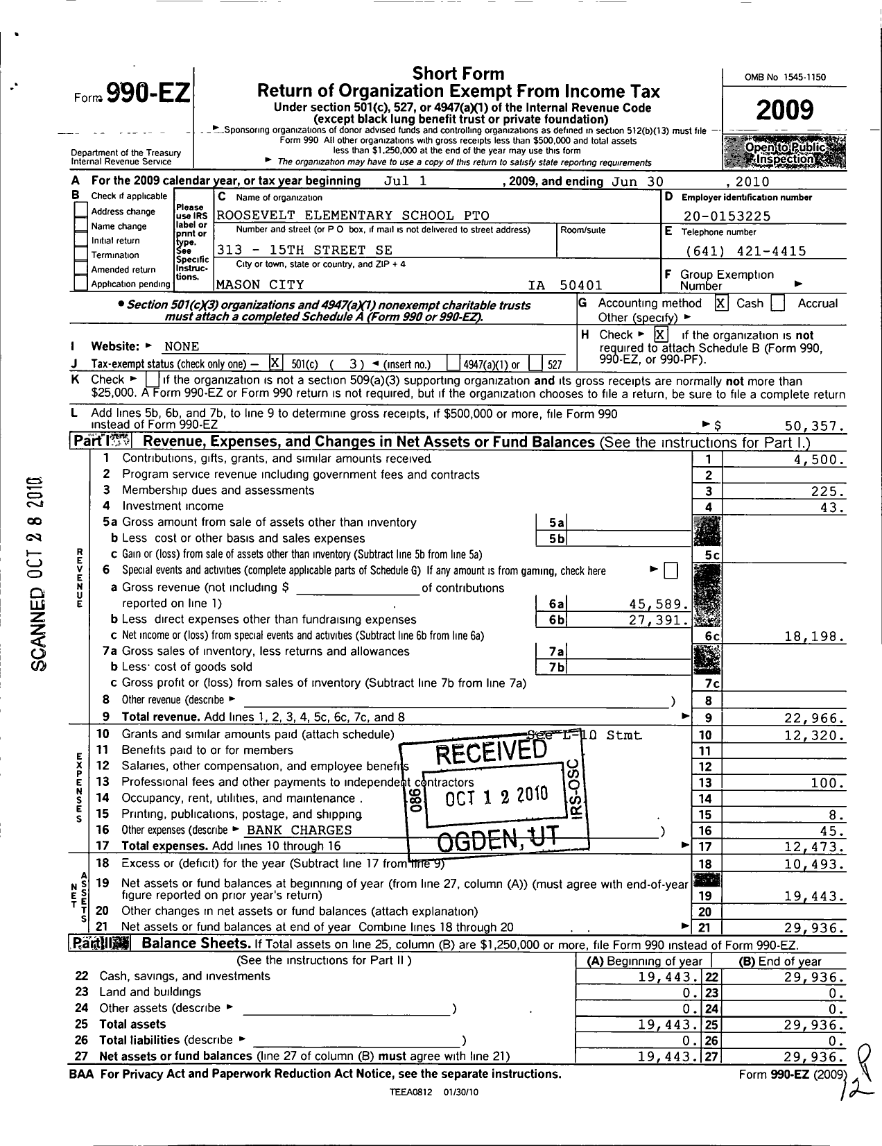 Image of first page of 2009 Form 990EZ for Roosevelt Elementary School Pto