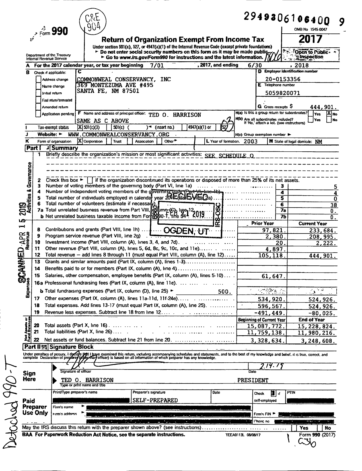 Image of first page of 2017 Form 990 for Commonweal Conservancy