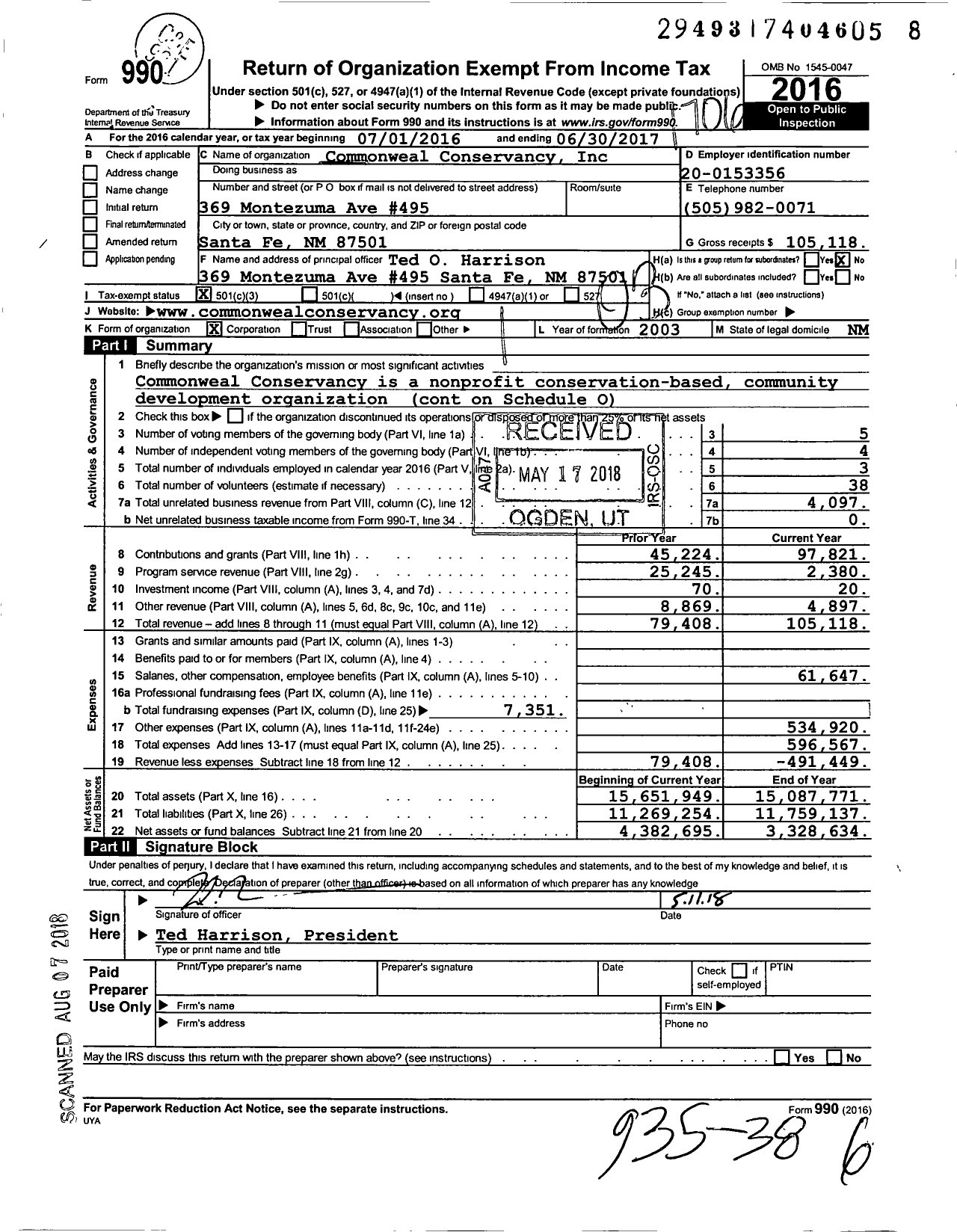 Image of first page of 2016 Form 990 for Commonweal Conservancy