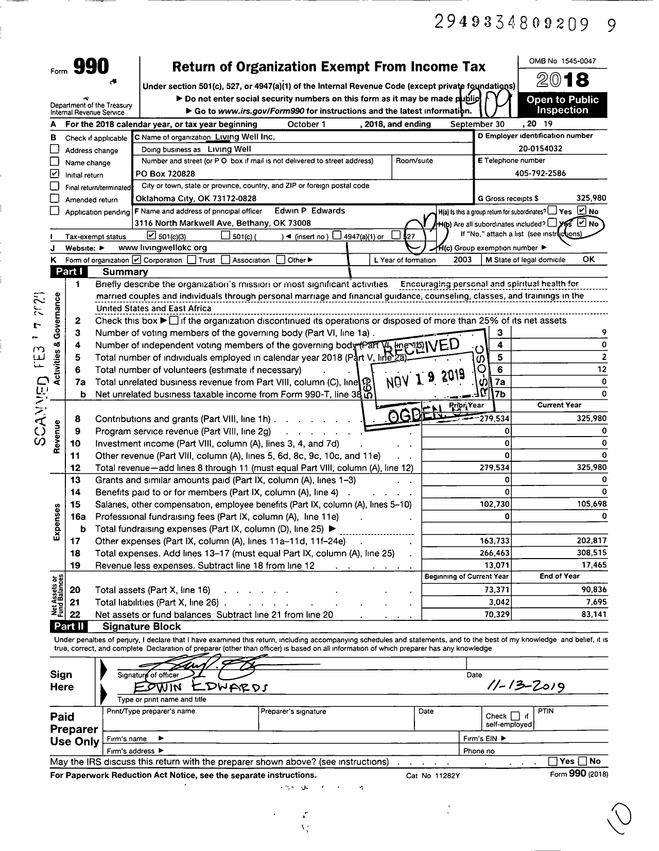Image of first page of 2018 Form 990 for Living Well