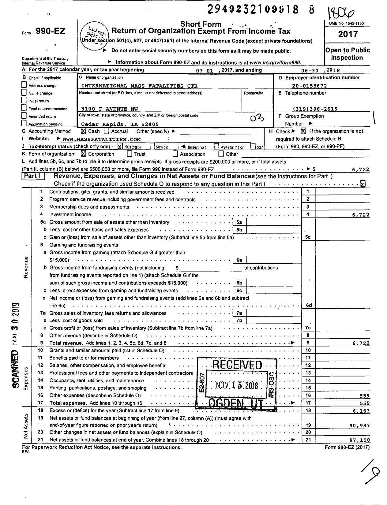 Image of first page of 2017 Form 990EZ for International Mass Fatalities Center