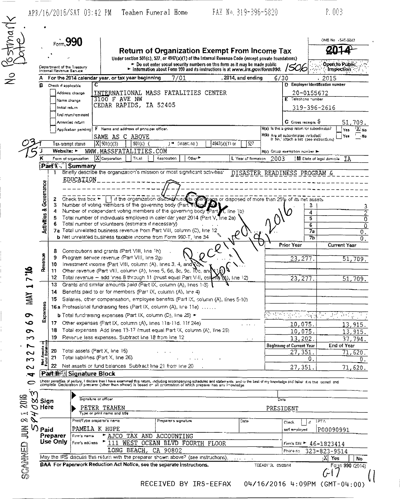 Image of first page of 2014 Form 990 for International Mass Fatalities Center