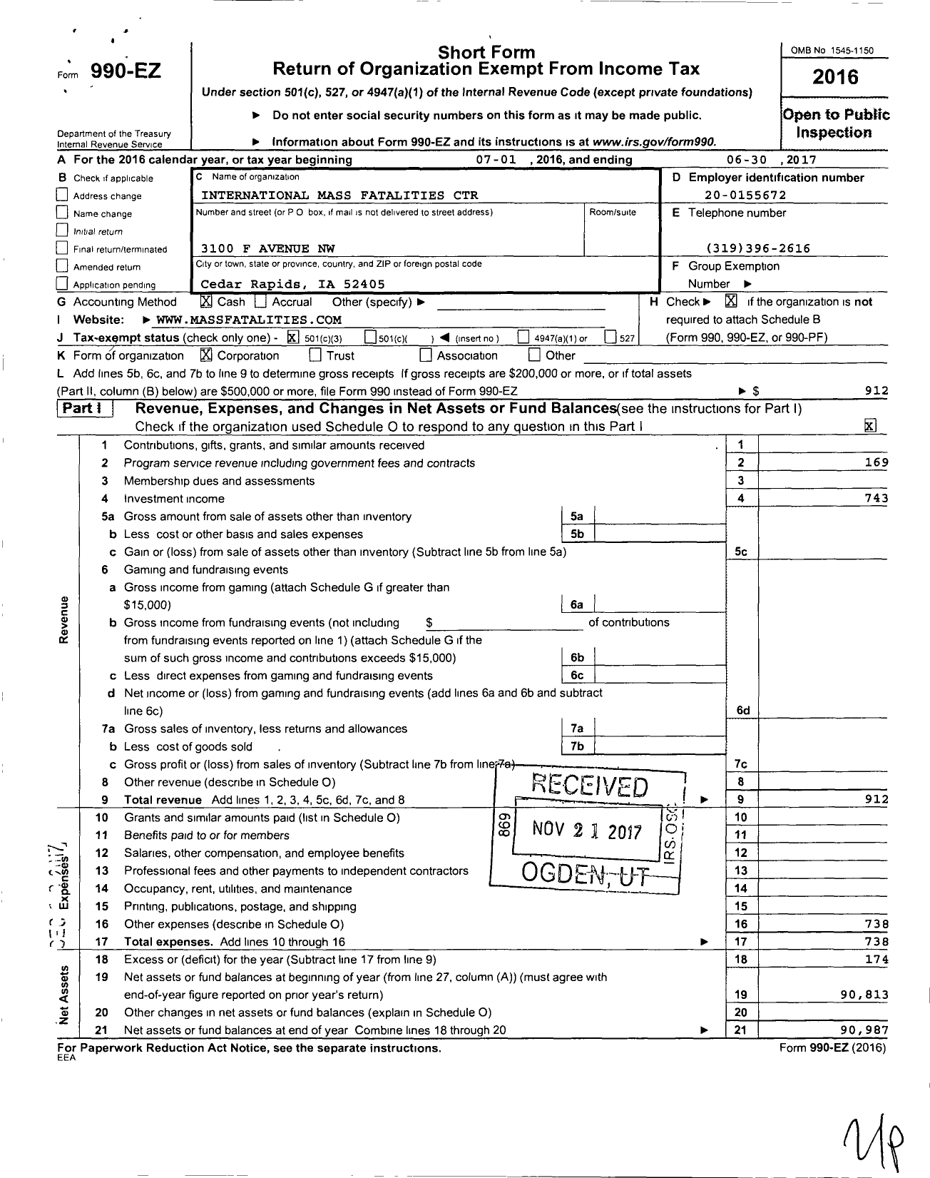 Image of first page of 2016 Form 990EZ for International Mass Fatalities Center