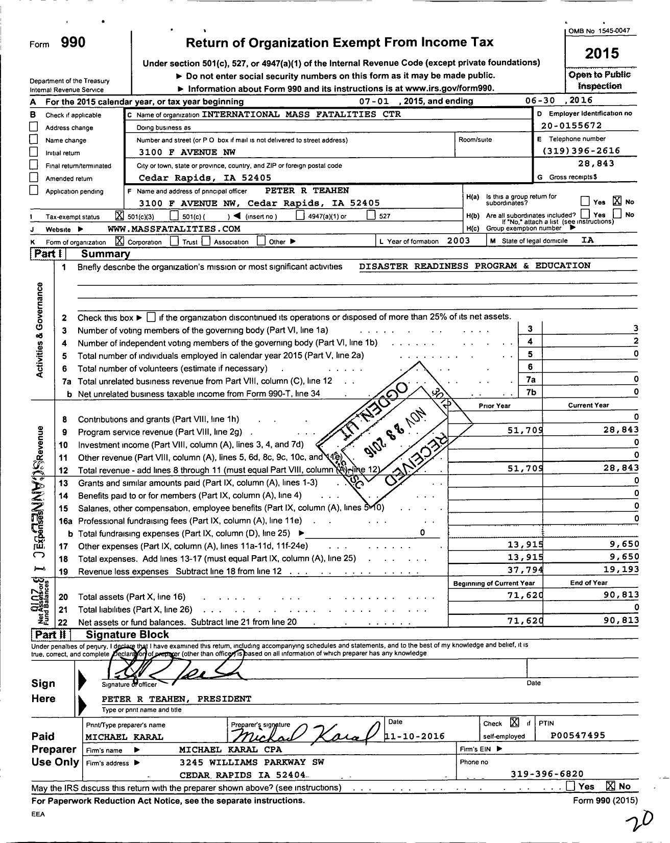 Image of first page of 2015 Form 990 for International Mass Fatalities Center