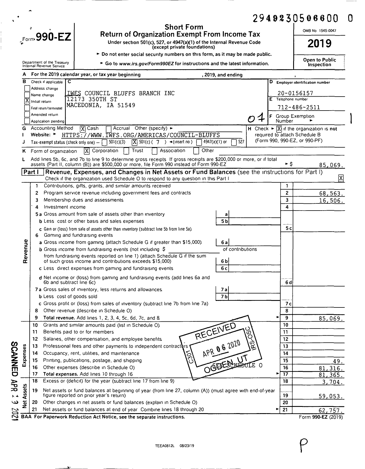 Image of first page of 2019 Form 990EO for Iwfs Omaha Metro