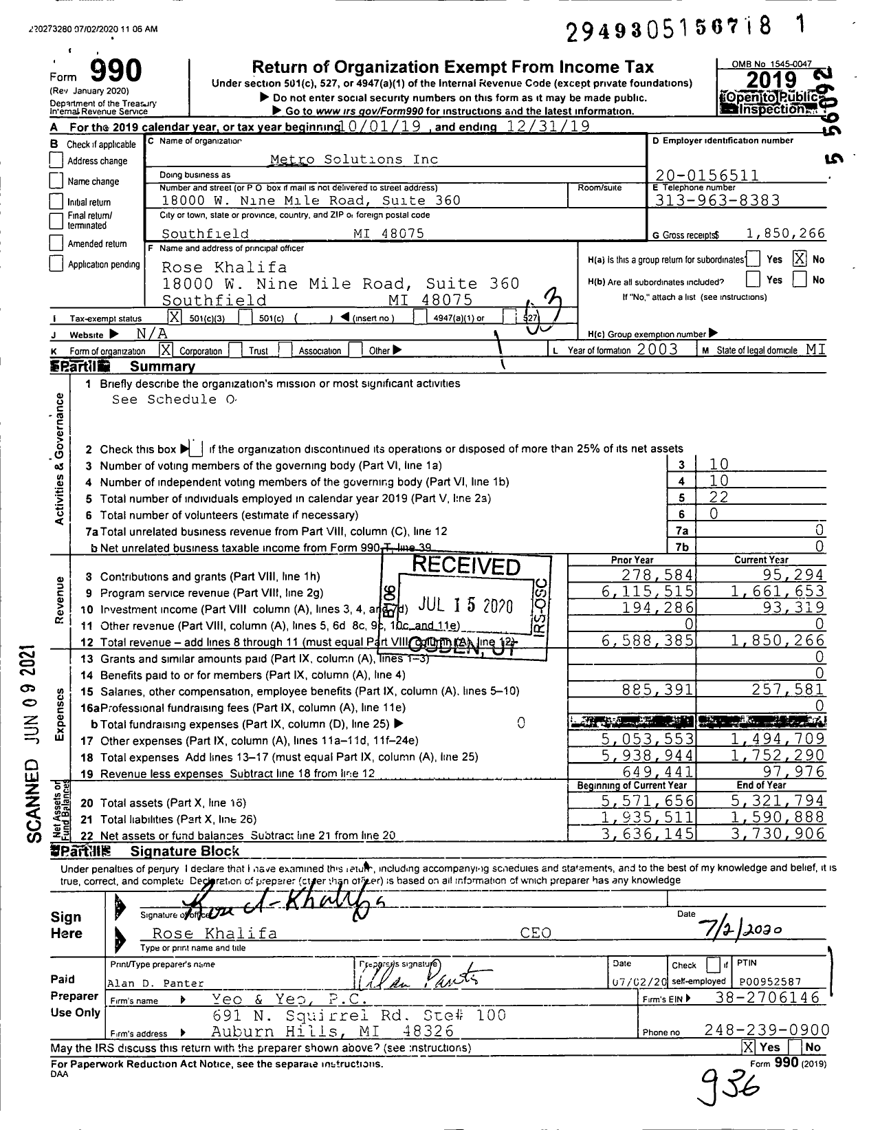 Image of first page of 2019 Form 990 for Metro Solutions