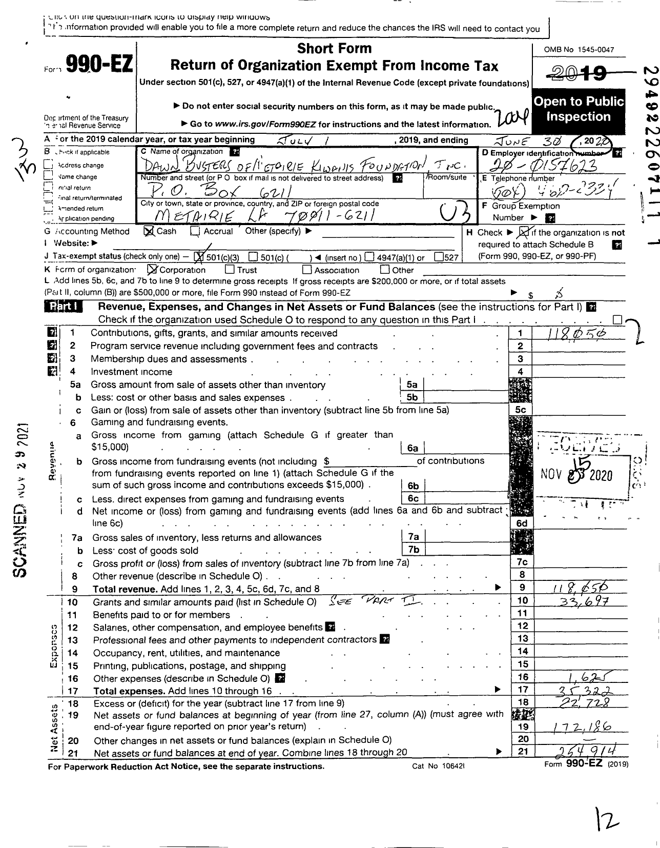 Image of first page of 2019 Form 990EZ for Dawn Busters of Metaire Kiwanis Foundation