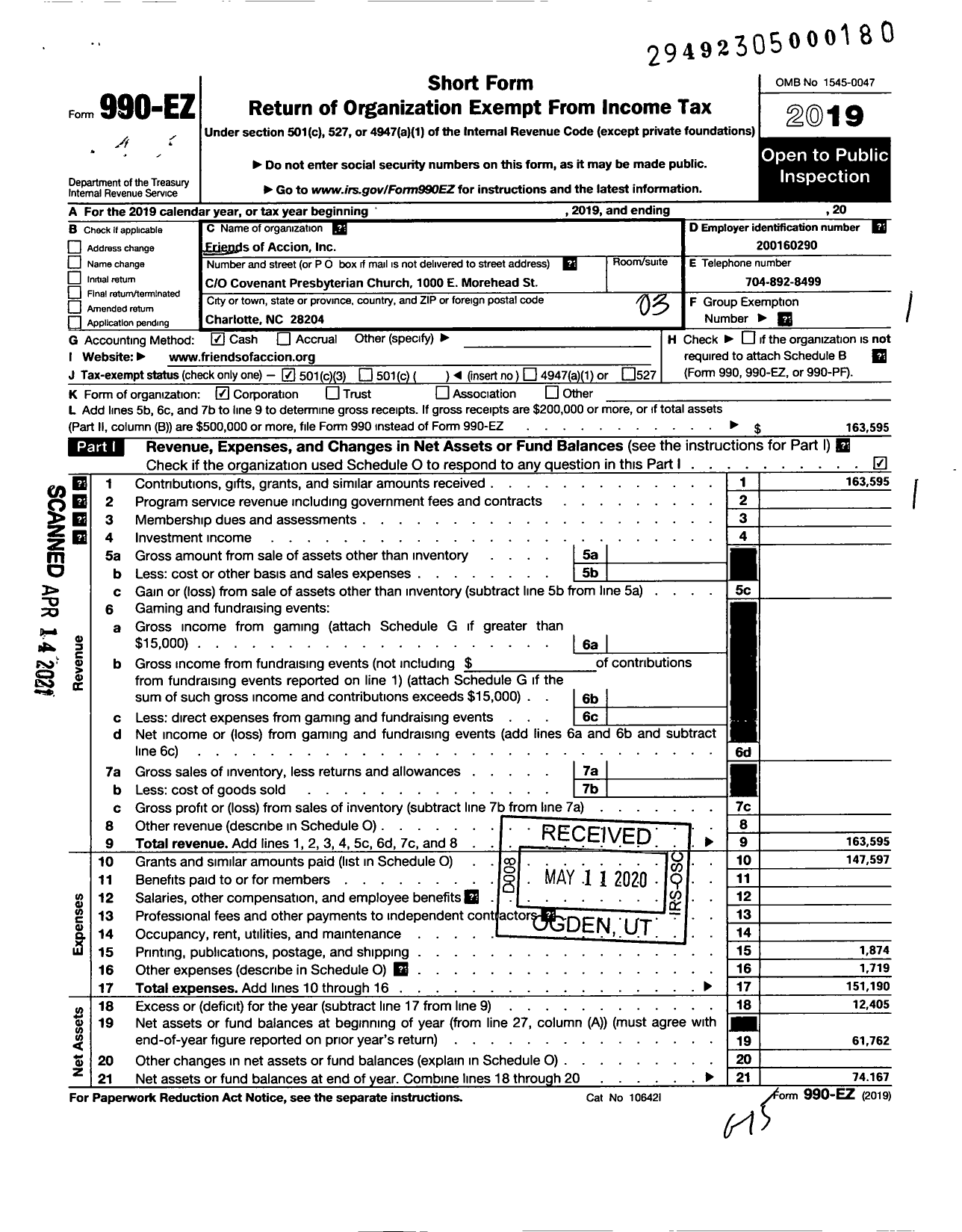 Image of first page of 2019 Form 990EZ for Friends of Accion